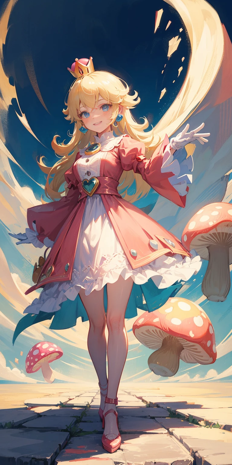 (masterpiece, best quality:1.2), 1girl, solo, (flat color:1.1), (princess peach:1.1), from the mario franchise, pink and gold, long blonde hair, large breasts, pink dress with puffy sleeves, white gloves, pink high heels, blue eyes, gold crown, royal demeanor, standing in the mushroom kingdom, waving with a warm smile, hopeful and kind expression, ( background:0.3), (solid circle eyes:0.7)