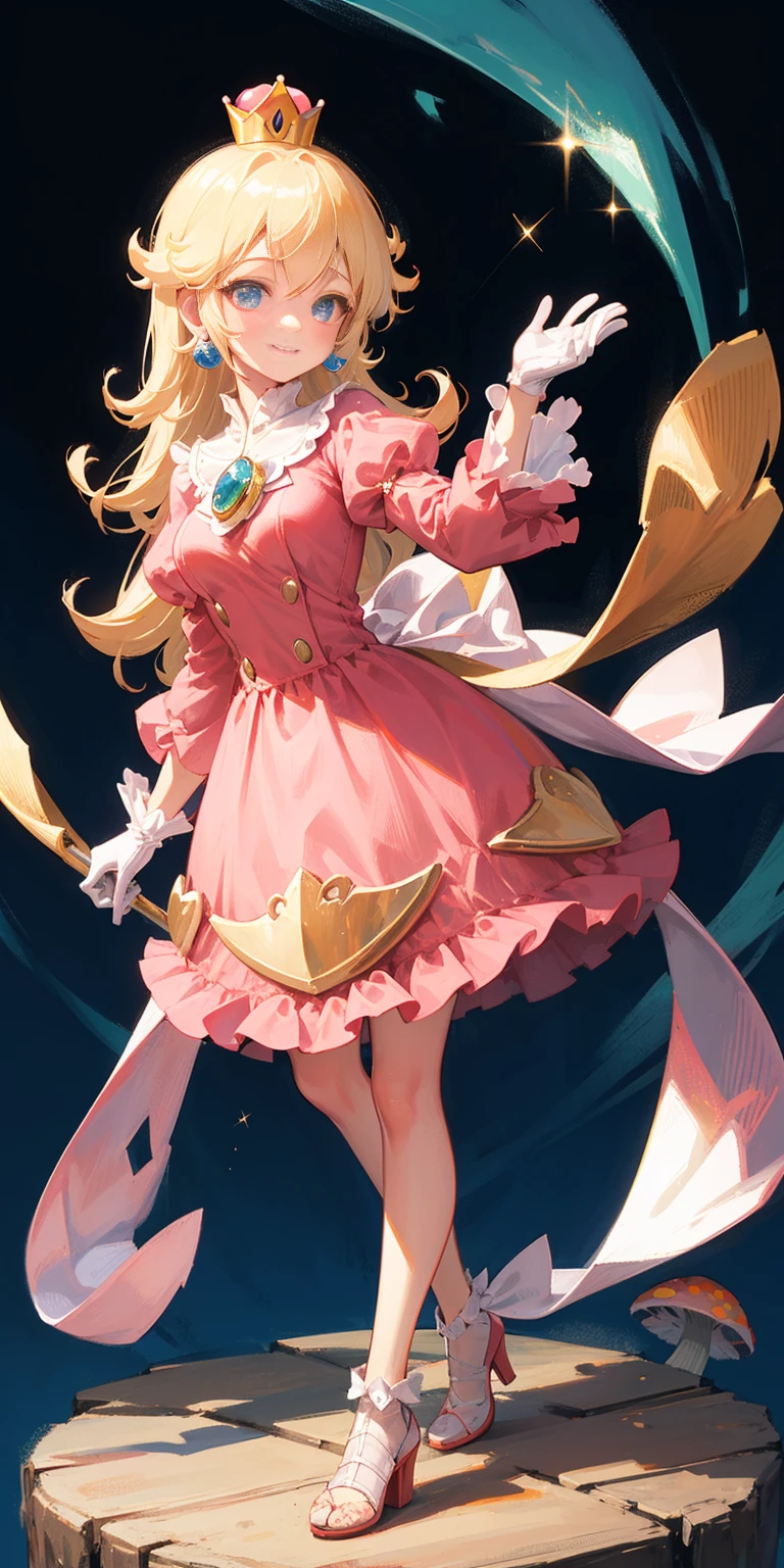 (masterpiece, best quality:1.2), 1girl, solo, (flat color:1.1), (princess peach:1.1), from the mario franchise, pink and gold, long blonde hair, large breasts, pink dress with puffy sleeves, white gloves, pink high heels, blue eyes, gold crown, royal demeanor, standing in the mushroom kingdom, waving with a warm smile, hopeful and kind expression, ( background:0.3), (solid circle eyes:0.7)