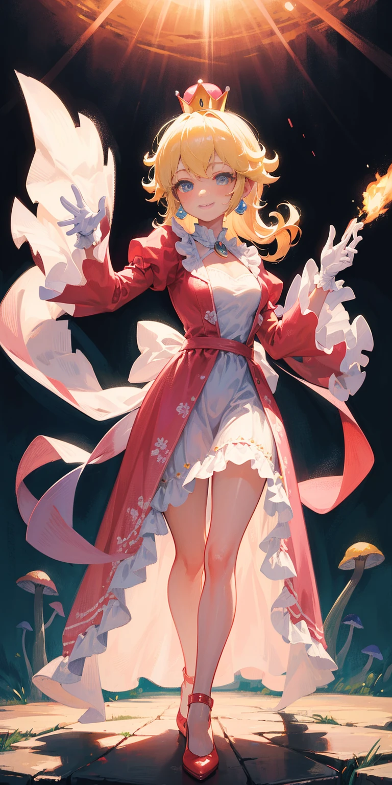(masterpiece, best quality:1.2), 1girl, solo, (flat color:1.1), (princess peach:1.1), from the mario franchise, pink and gold, long blonde hair, large breasts, pink dress with puffy sleeves, white gloves, pink high heels, blue eyes, gold crown, royal demeanor, standing in the mushroom kingdom, waving with a warm smile, hopeful and kind expression, ( background:0.3), (solid circle eyes:0.7)