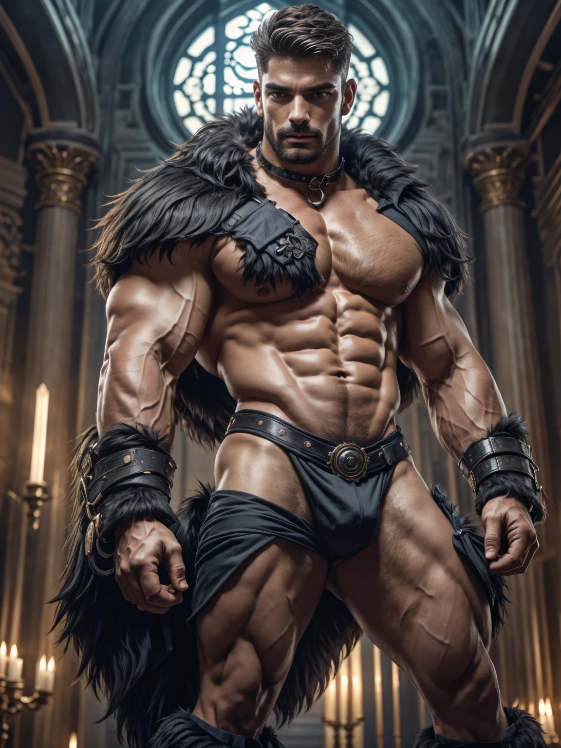 Image of anime character wearing a collar, muscle men, realistic muscle, Human body rendering style, Gothic, 动漫core, meritocracy, romance school, core, 动漫core, Aestheticized violence, full bodyesbian, darkest academy, Coloring attractive poses, attractive male, Attractive man,30-year-old man!Lift your little head,Kominan(closeup portrait!))showing off his hairy pecs。(Show hairy chest muscles),),(short mustache)Show furry and muscular eyes,)headspace!Charming and serious look,(Handsome men,Dressed in a shameful posture,Perfect body anatomy,Beautiful man face detail,perfect foot,perfect hand!Ultra-low angle shooting!!