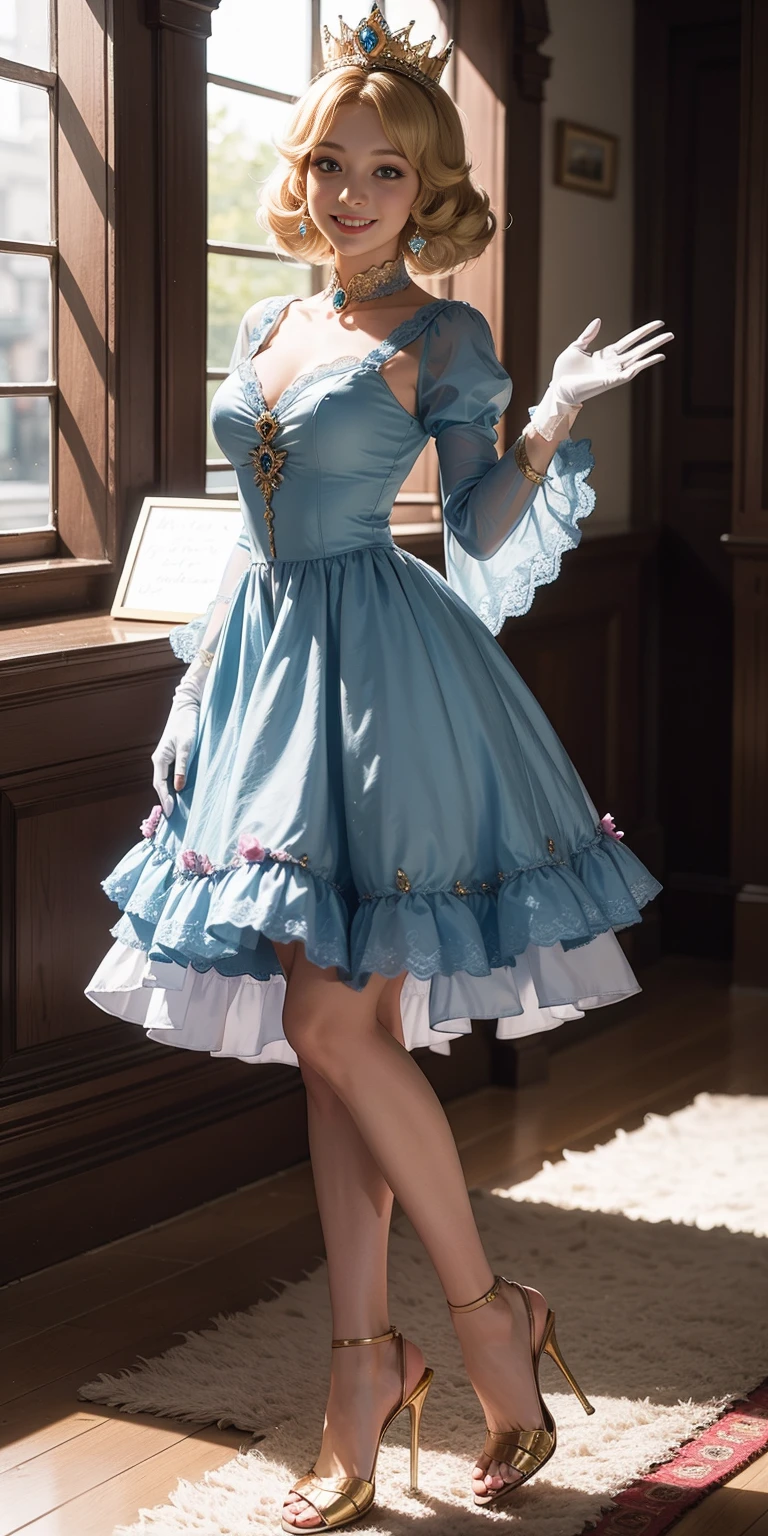(masterpiece, best quality:1.2), 1girl, solo, (flat color:1.1), (princess peach:1.1), from the mario franchise, pink and gold, long blonde hair, large breasts, pink dress with puffy sleeves, white gloves, pink high heels, blue eyes, gold crown, royal demeanor, standing in the mushroom kingdom, waving with a warm smile, hopeful and kind expression, ( background:0.3), (solid circle eyes:0.7)