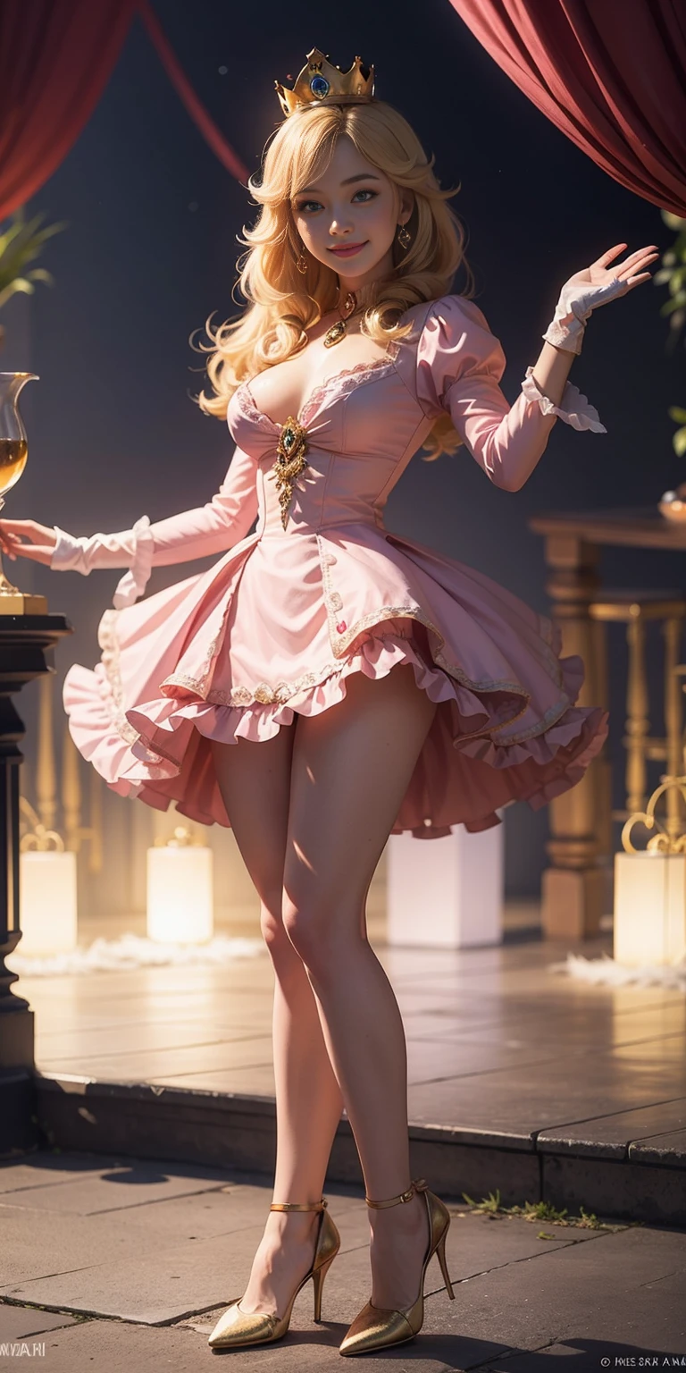 (masterpiece, best quality:1.2), 1girl, solo, (flat color:1.1), (princess peach:1.1), from the mario franchise, pink and gold, long blonde hair, large breasts, pink dress with puffy sleeves, white gloves, pink high heels, blue eyes, gold crown, royal demeanor, standing in the mushroom kingdom, waving with a warm smile, hopeful and kind expression, ( background:0.3), (solid circle eyes:0.7)