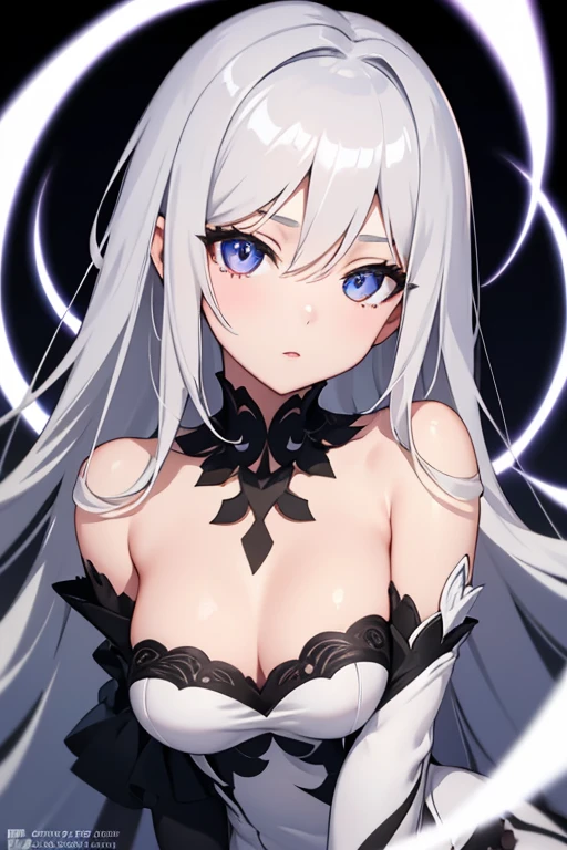 1girl, anime, cute girl, blank background, white background, fantasy, detailed dark fantasy dress with highlights, beautiful face, beautiful eyes, dark colors, silver hair, slightly small , slight cleavagiful skin, cute, breast curtainsemely delicate and beautiful, (beautiful detailed face:1.0), (detailed deep eyes), symmetrical breasts, deep eyes, sin, portrait, slender waist, hips wider than shoulders, thighs, young girl, expressionless