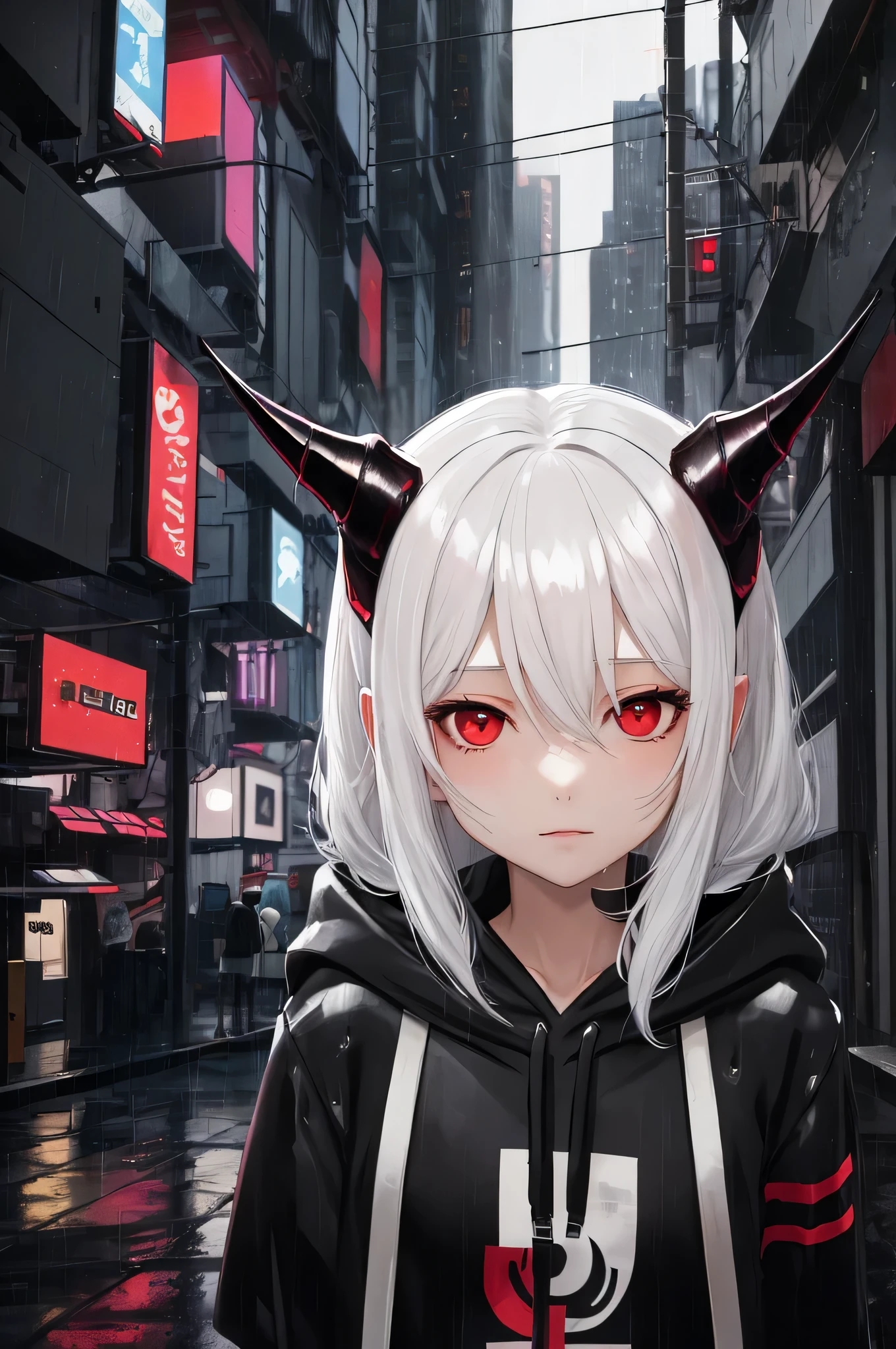 in the rain, 1 girl, city setting, white hair, oversized black hoodie, cyber daemon, loli, cyberpunk, ((cyber horns)), red eyes, white background: 1.3)