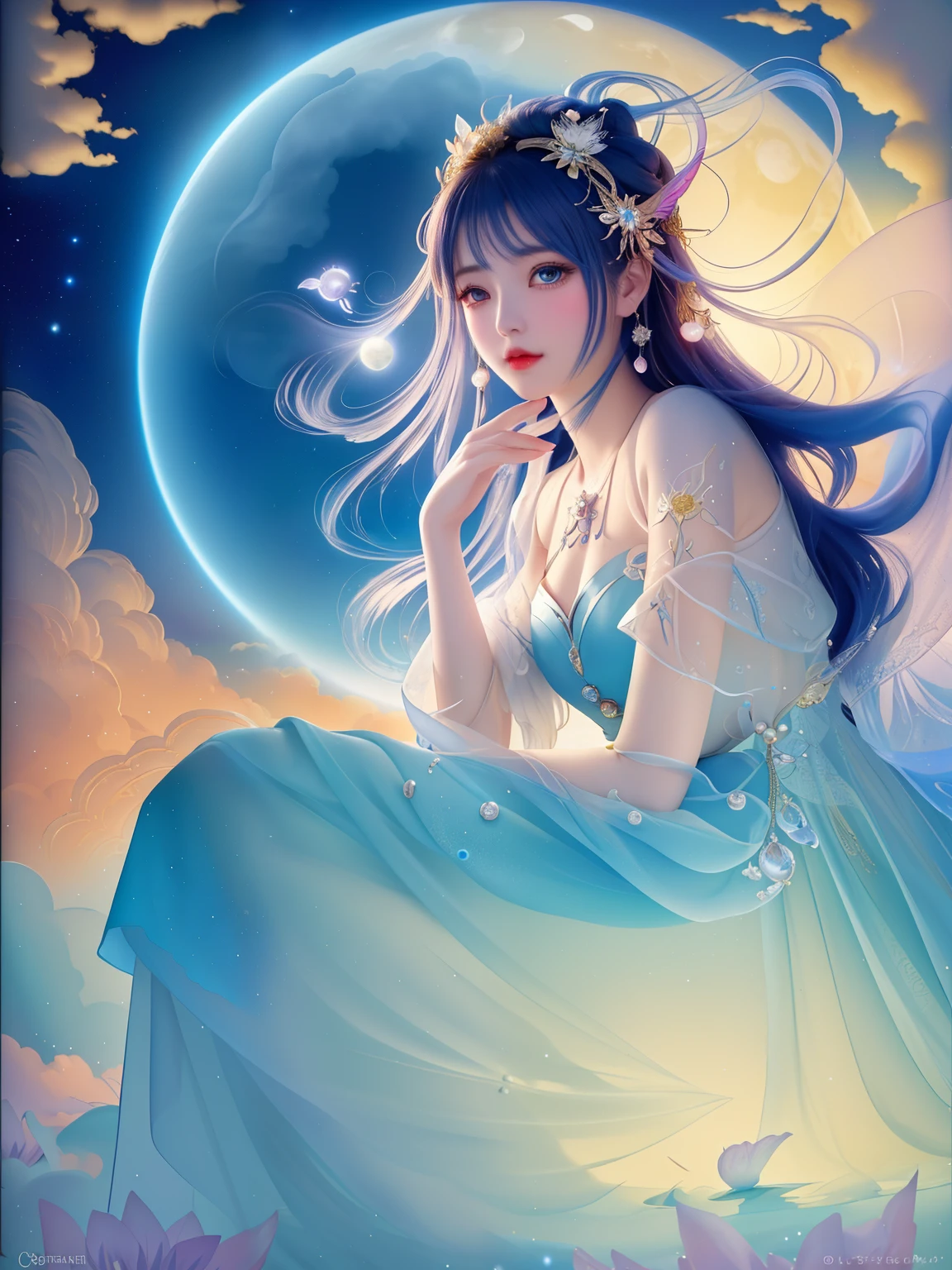 Island near, sky so clear, Moon for love, Fairy tear, dressed in white, pearl of the night, clouds swirl, swirling cloud above painting of a woman a Moon Fairy sitting on a cloud with a full moon in the background, cloud goddess, beautiful fantasy art, beautiful fantasy maiden, beautiful fantasy art portrait, very beautiful fantasy art, beautiful fantasy portrait, a beautiful fantasy empress, beautiful goddess, ((a beautiful fantasy empresy Yang J, fantasy art style, anime goddess, ! dream artgermMoon fairy, isometric shot inside a glass jar looking out, gossamer, blue chrysanthemum, nighttime, stardust. Fairytale, rococopunk, delicate studio artist model. Best quality, oil painting on canvas. Coby Whitmore, Ray Caesar, Lichtenstein, Fragonard, Van Gogh. Surrealism. Exquisitely detailed luminous portrait moon. Moon, clouds, waves, ocean, glow, bioluminescence. 18th century masterpiece, Vogue fashion illustration, delicate embroidery. Perfect red lips, Perfect face, delicate face, perfect eyes, detailed pupils. By Maya