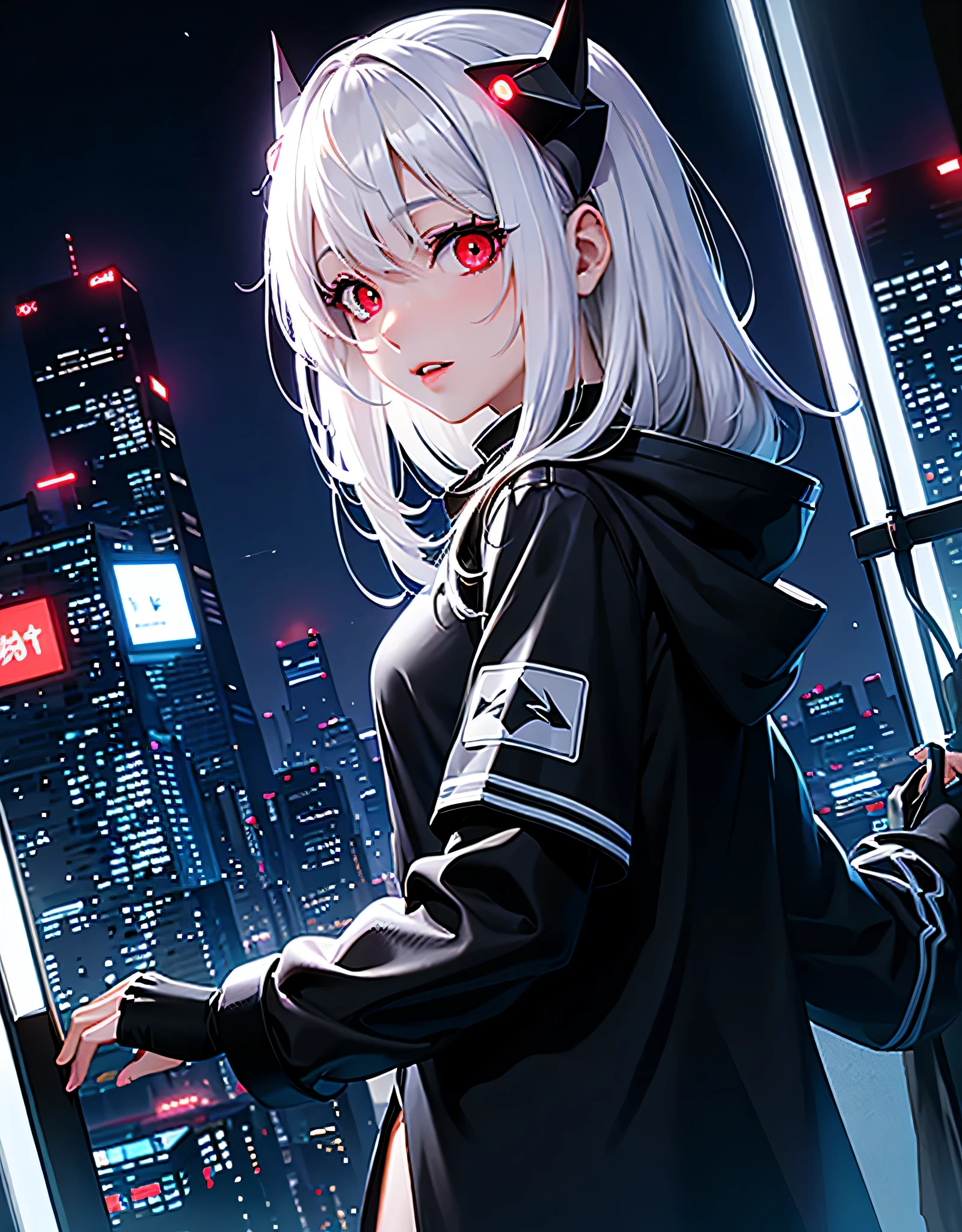 moonligh, looking out of window at night, 1 girl, white hair, oversized black hoodie, cyber daemon, loli, cyberpunk, ((cyber horns)), red eyes,