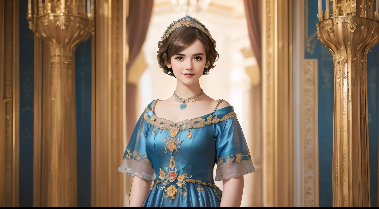 142
(a 20 yo woman,in the palace), (A hyper-realistic), (high-level image quality), ((beautiful hairstyle 46)), ((short-hair:1.46)), (kindly smile), (brest:1.1), (lipsticks), (Wearing a blue dress), (murky,wide,Luxurious room), (florals), (an oil painting、Rembrandt)