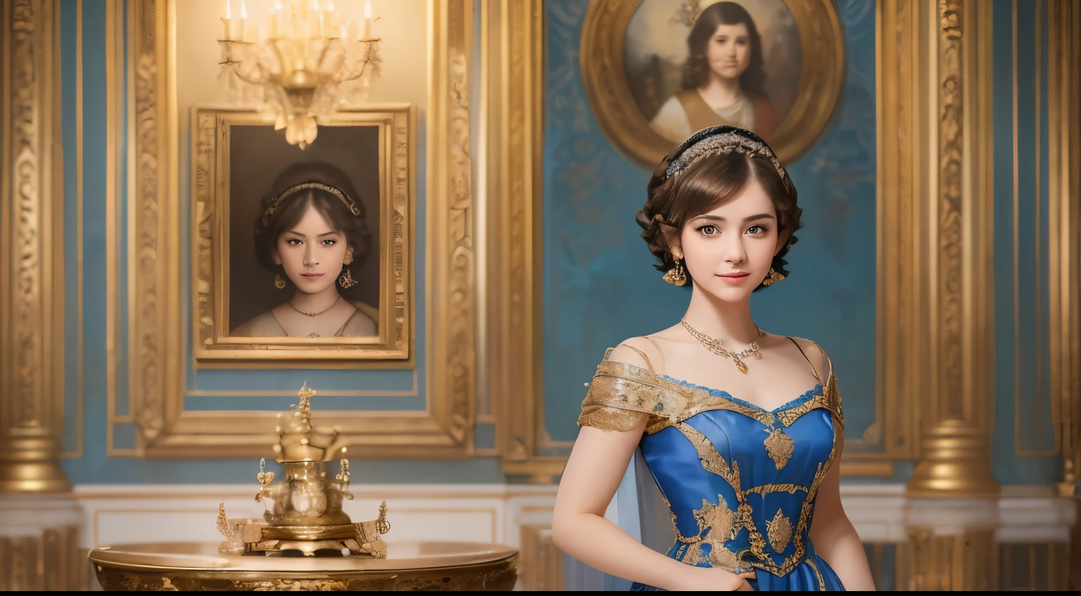 142
(a 20 yo woman,in the palace), (A hyper-realistic), (high-level image quality), ((beautiful hairstyle 46)), ((short-hair:1.46)), (kindly smile), (brest:1.1), (lipsticks), (Wearing a blue dress), (murky,wide,Luxurious room), (florals), (an oil painting、Rembrandt)