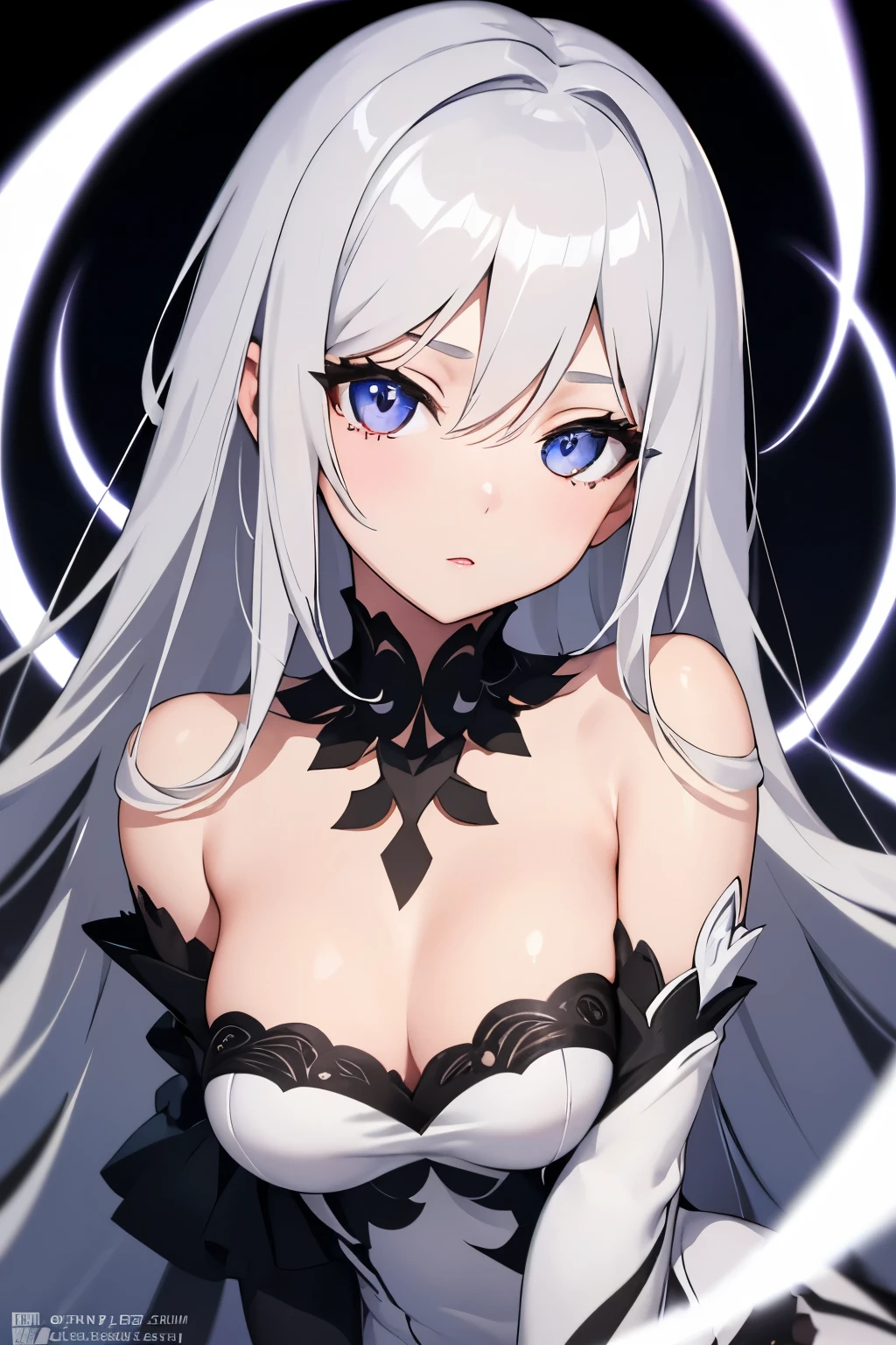 1girl, anime, cute girl, blank background, white background, fantasy, detailed dark fantasy dress with highlights, beautiful face, beautiful eyes, dark colors, silver hair, slightly small breasts, slight cleavage, beautiful skin, cute, breast curtains, extremely delicate and beautiful, (beautiful detailed face:1.0), (detailed deep eyes), symmetrical breasts, deep eyes, shiny skin, portrait, slender waist, hips wider than shoulders, thighs, young girl, expressionless