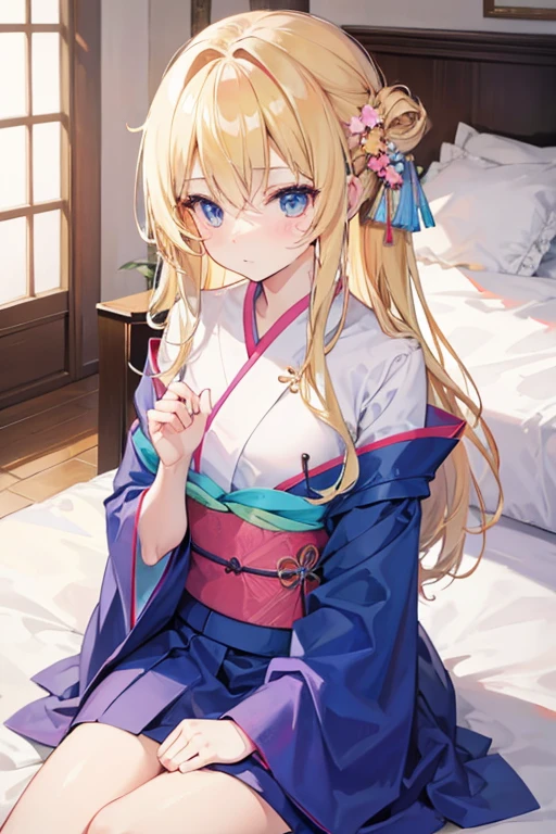Anime girl cute, tall, blonde hair, 8k wallpaper, kimono, slim, sitting on bed