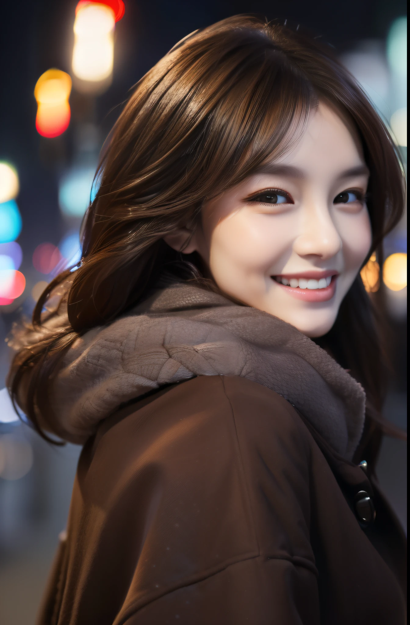 (top-quality、hight resolution、masterpiece:1.leti women、slender figures、dark brown hair、Winter clothes、White down coat、(Street in city at night)、Highly detailed facial and skin texture、A detailed eye、二重まぶた、A smile