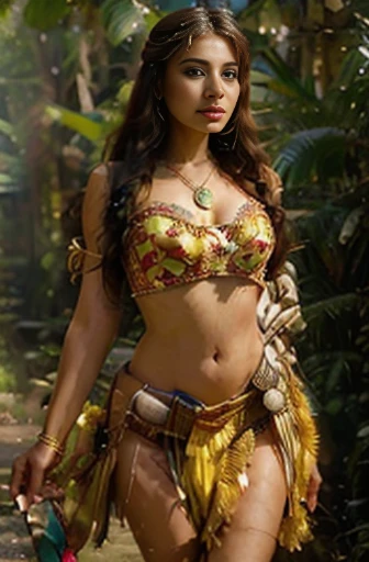 beautiful gorgeous glorious bollywood actress, standing in jungle, in full body  covered tribal outfit, pretty face, beautiful glorious face, very fine face details, necklace, tribal princesa crown, bright eyes, red lipstick, thin nose, burgundy well arranged hair, nice legs, thick thigh, natural breasts, hourglass figure, perfect athletic body, 4K details, ultra high resolution, skin fine details,