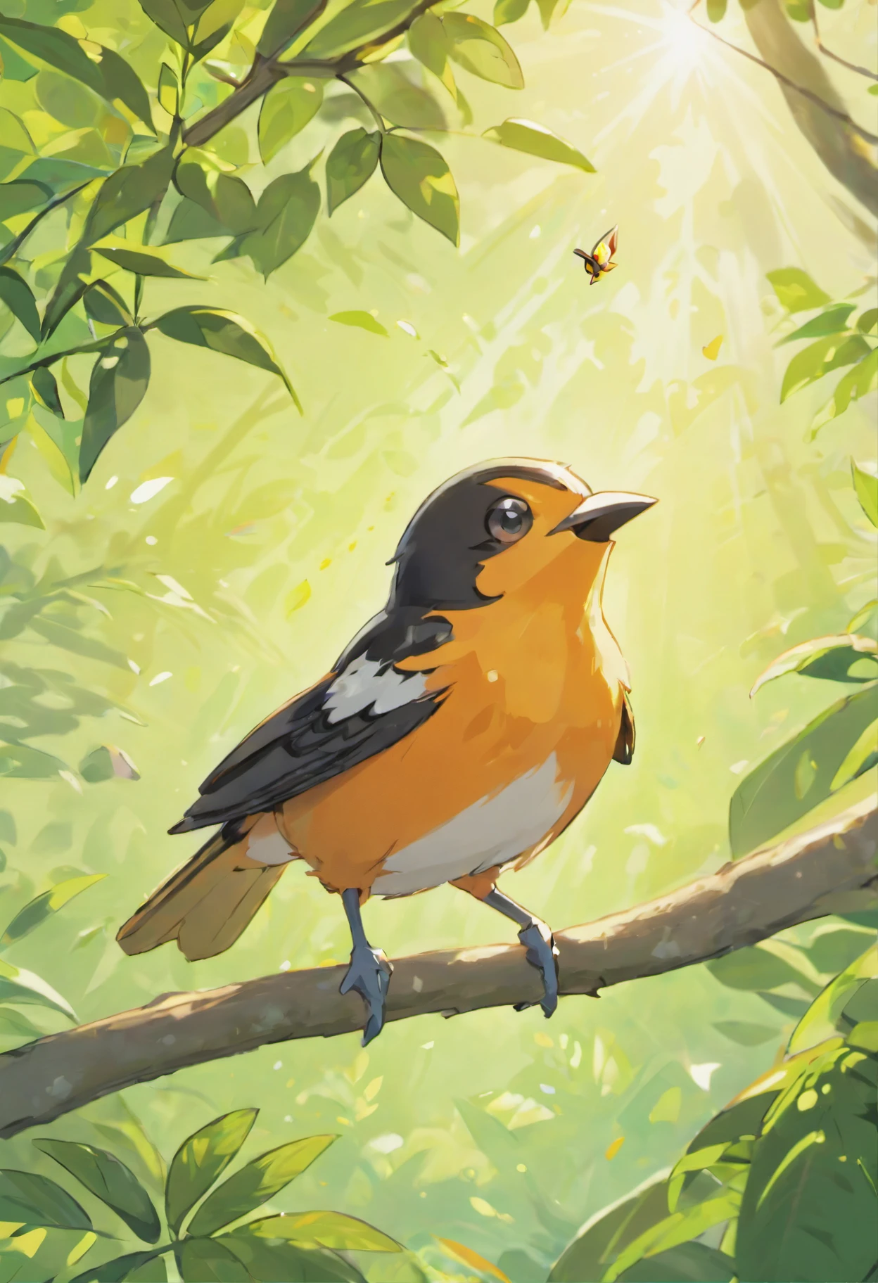 (best quality,4k,8k,highres,masterpiece:1.2),ultra-detailed,(realistic,photorealistic,photo-realistic:1.37), HDR, vivid colors, studio lighting, realistic,flying Baltimore Oriole bird, viridian forest, vibrant green leaves, sunlight shining through the trees, lively and diverse ecosystem