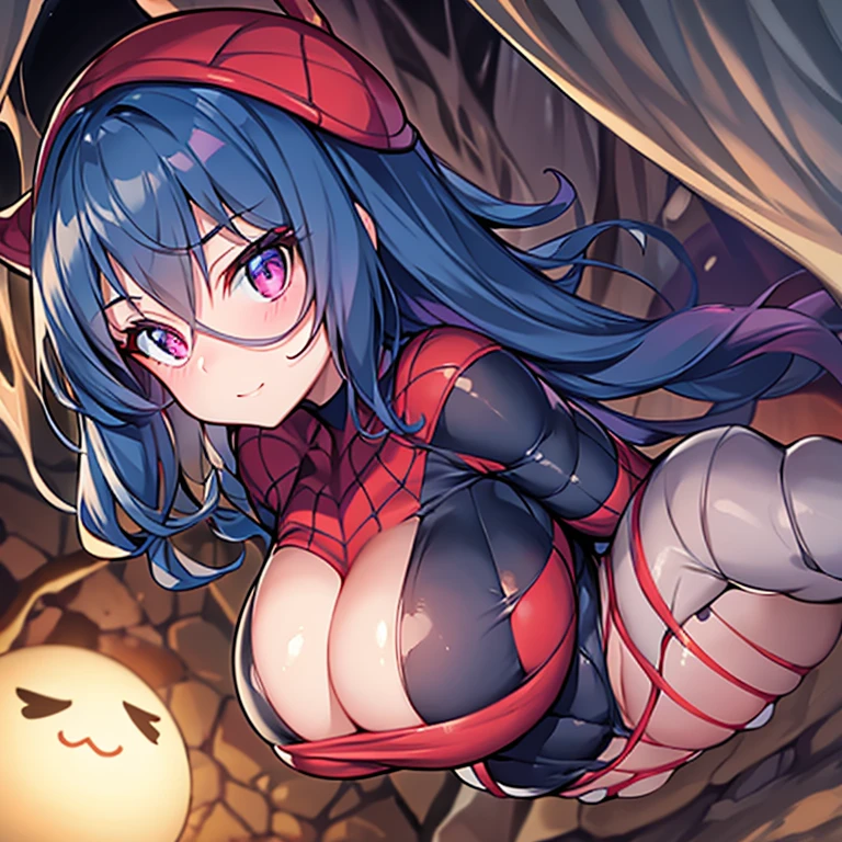 spidewoman(large boob) Human Girl( cocoon Detained) A cute face in a dimly lit cave