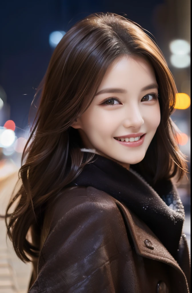 (top-quality、hight resolution、masterpiece:1.lettie women、slender figures、dark brown hair、Winter clothes、White down coat、(Street in city at night)、Highly detailed facial and skin texture、A detailed eye、二重まぶた、A smile