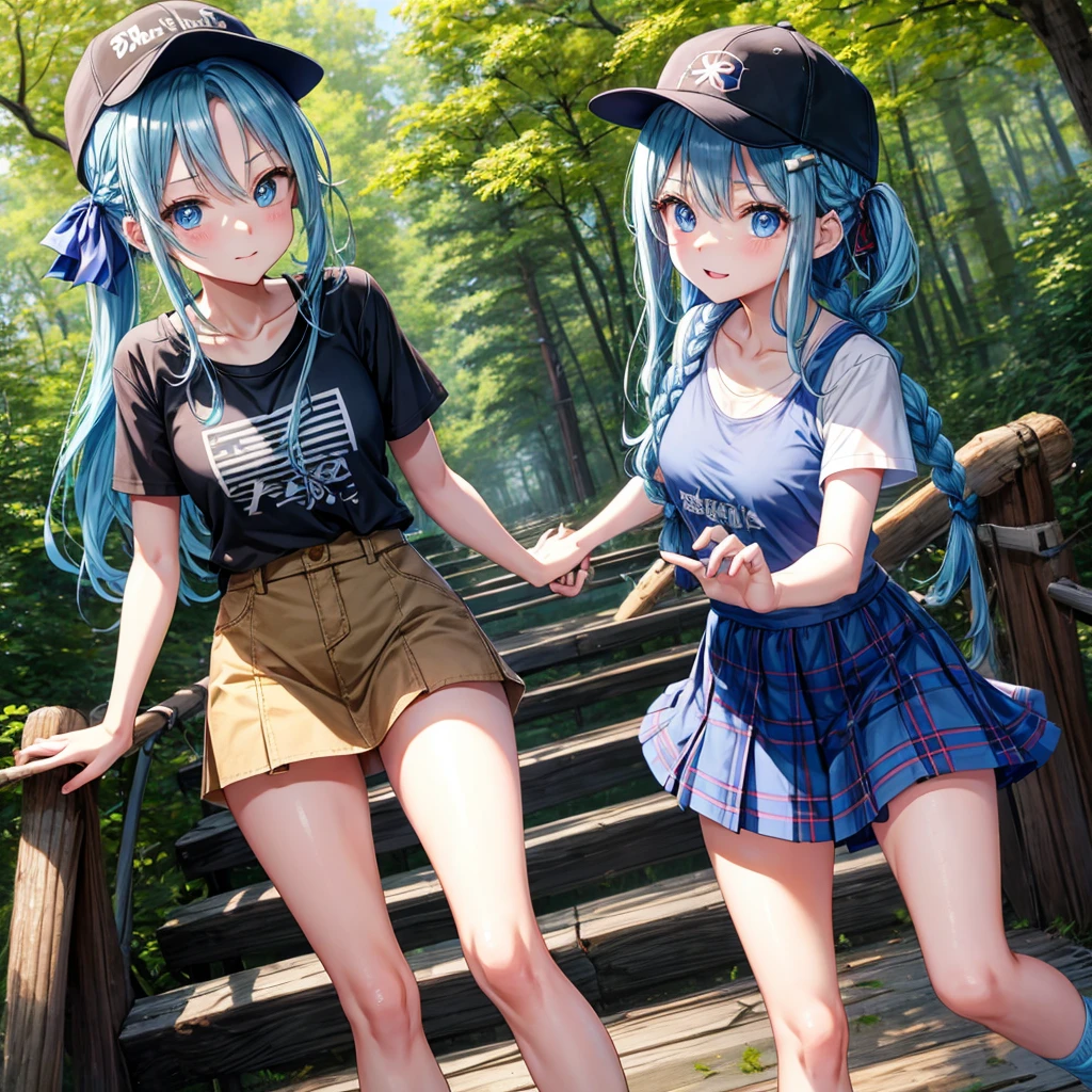 Blue hair、blue eyess、Braids、one good looking girl、独奏、animesque、Plaid miniskirt、Black T-shirt、camisole、the woods、Sunlight、Wearing a plaid baseball cap、bare-legged、Tilting your face、Walking、Crossing a log bridge while keeping balance、Doing the ribbon、have a twig、climbing the wooden stairs、falls