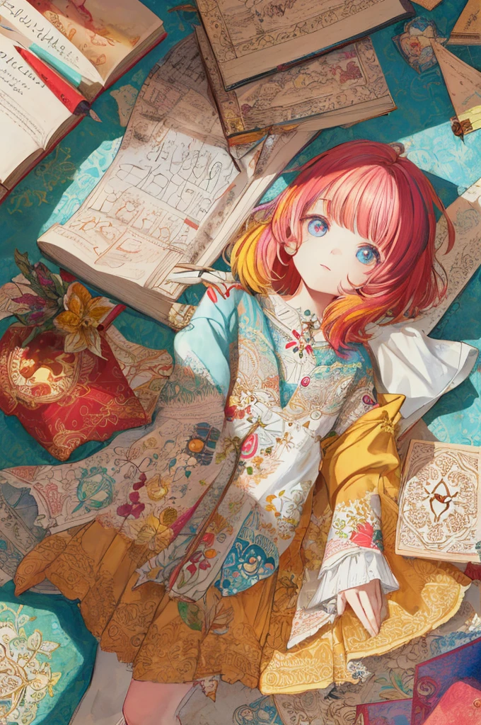 olhos multicoloridos vermelhos e amarelos,menino deitado sozinho em uma pilha de livros escrevendo,Top view,illustration,pencil drawing,ultra-detalhado,Altas,vivid colors,tons quentes,sunlight,peaceful atmosphere