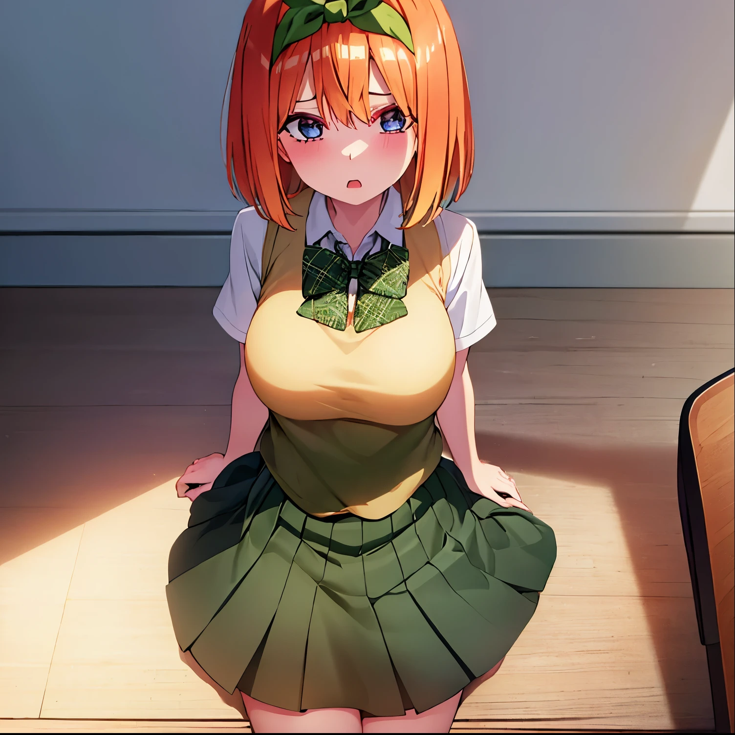 1 girl, alone, yotsuba nakano, bangs, short hair, blue eyes, hair between eyes, hair ribbon, headband, orange hair, green ribbon, open mouth, ashamed, BREAK green skirt, shirt, bow, ribbon, school uniform, white shirt, short sleeve, green pleated skirt, shoes, socks, collared shirt, miniskirt, bow tie, black shoes, white knee-high stockings, black socks, loafers, bow green, light yellow sweater vest, green ribbon, REST looking at the viewer, REST inside, in the classroom, BREAK (masterpiece:1.2), best quality, high resolution, unity 8k wallpaper, (artwork:0.8), (beautiful detailed eyes:1.6), extremely detailed face, perfect lighting , extremely detailed CG, (perfect hands, perfect anatomy),