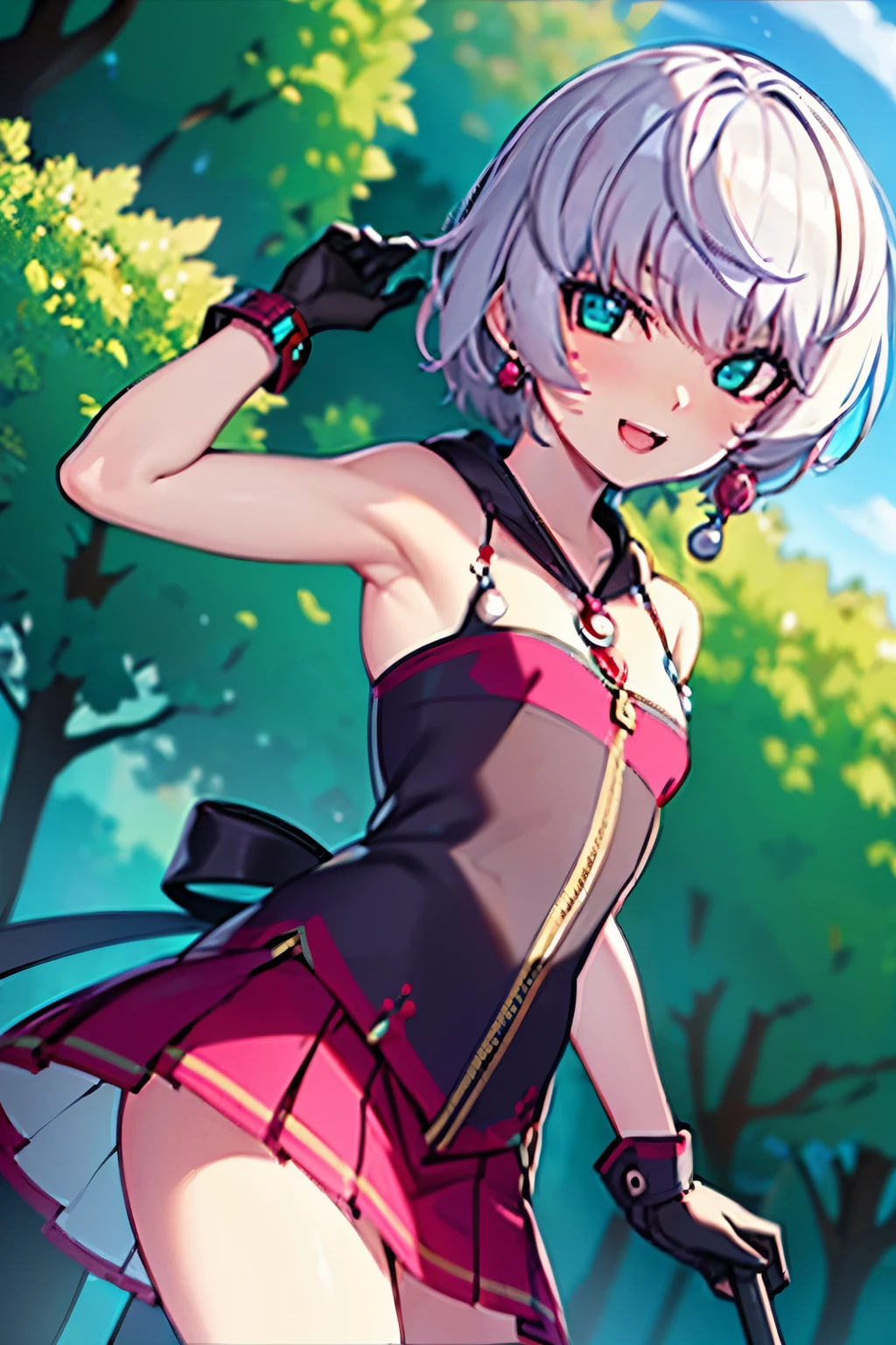 sfw, (master part, best quality;1.3), extremamente detalhado ,ultra detalhado, 1girl,sozinho, seios pequenos, sorriso maligno, ornamento de cabelo, jewelries, Brincos, Olhando para o Viewer, minissaia