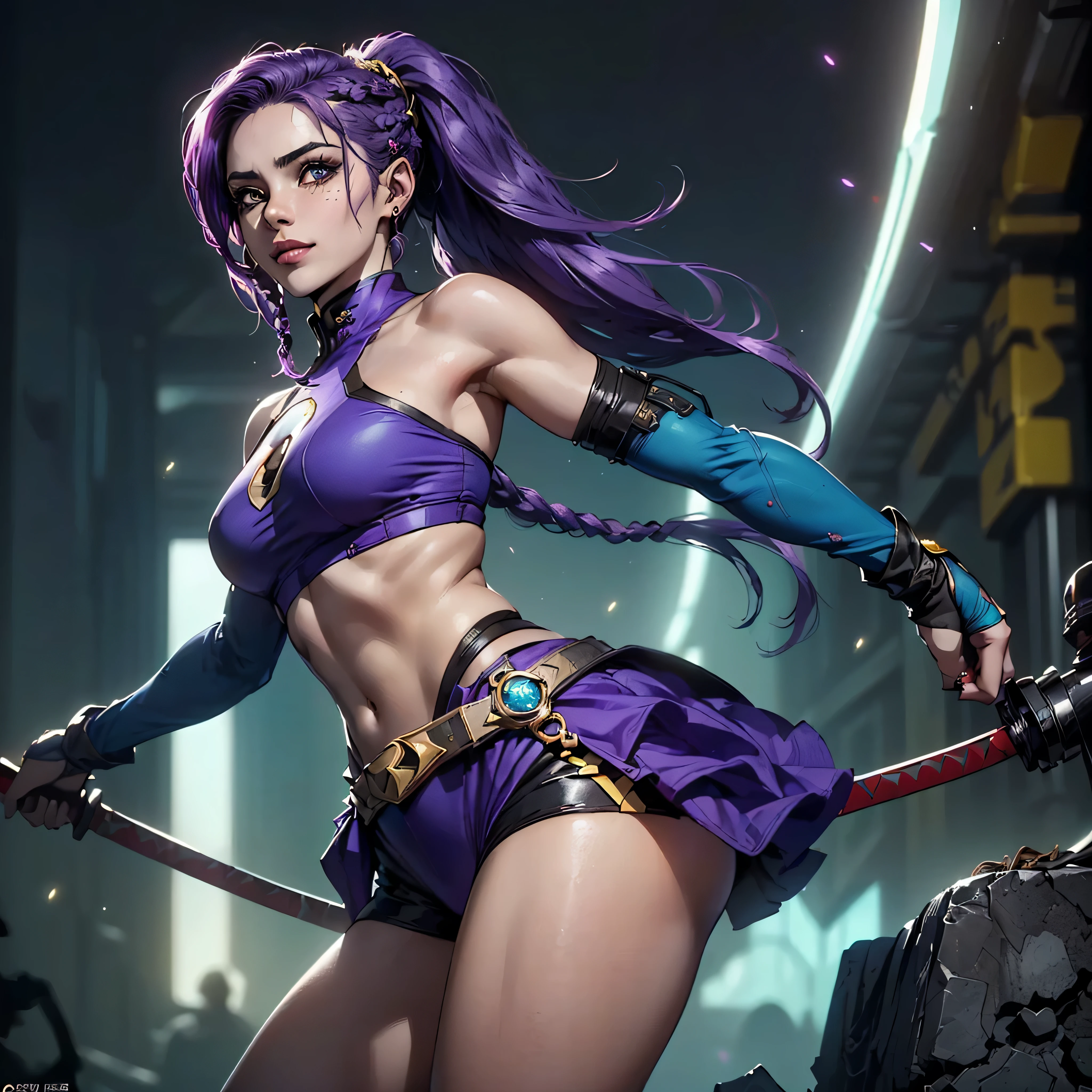 (((1girl))), ((linda garota com cabelo fofo Rosa)), (seios grandes:1.4),Sagging Tits, ((A woman with purple hair and ponytail braid in a superhero pose)), Estilo Gil Elvgren, WLOP, Artgerm (((A 25-year-old woman with purple hair and ponytail braid wearing an all-purple hero outfit with yellow accents in a dynamic pose))) ((Black superhero costume)) ((mulher segurando uma espada Katana apontada para o espectador)) (((azul_olho:1.3))), olho intrincado, lindo olho detalhado, symetric eye)),(((hero uniform, sozinho, corpo fitness, arte colorida, terceira regra, dinamic pose, mulher, 1 menina de 25 anos, sorrindo para o espectador, fundo desfocado, pernas grossas, olhos azuis, ELA Esta em pose de luta, RED RAYS ARE AROUND YOUR BODY, body fitness, seios grandes, WLOP, Artgerm, Lejia Chan, hou china, Jeehyung Lee, profundidade de campo, detalhes intrincados, cores sutis, Fantastic kingdom, extremamente detalhado, focus ultra sharp, light particles, attention to detail, vasto mundo aberto, grandeur and admiration, cinemactic, Obra prima visual impressionante, double-exposure, fotorrealista, cinematographic scene, (((Vibrant cores, intrincados),(master part),(melhor qualidade) 32k, octane rendering, ((dinamic pose))