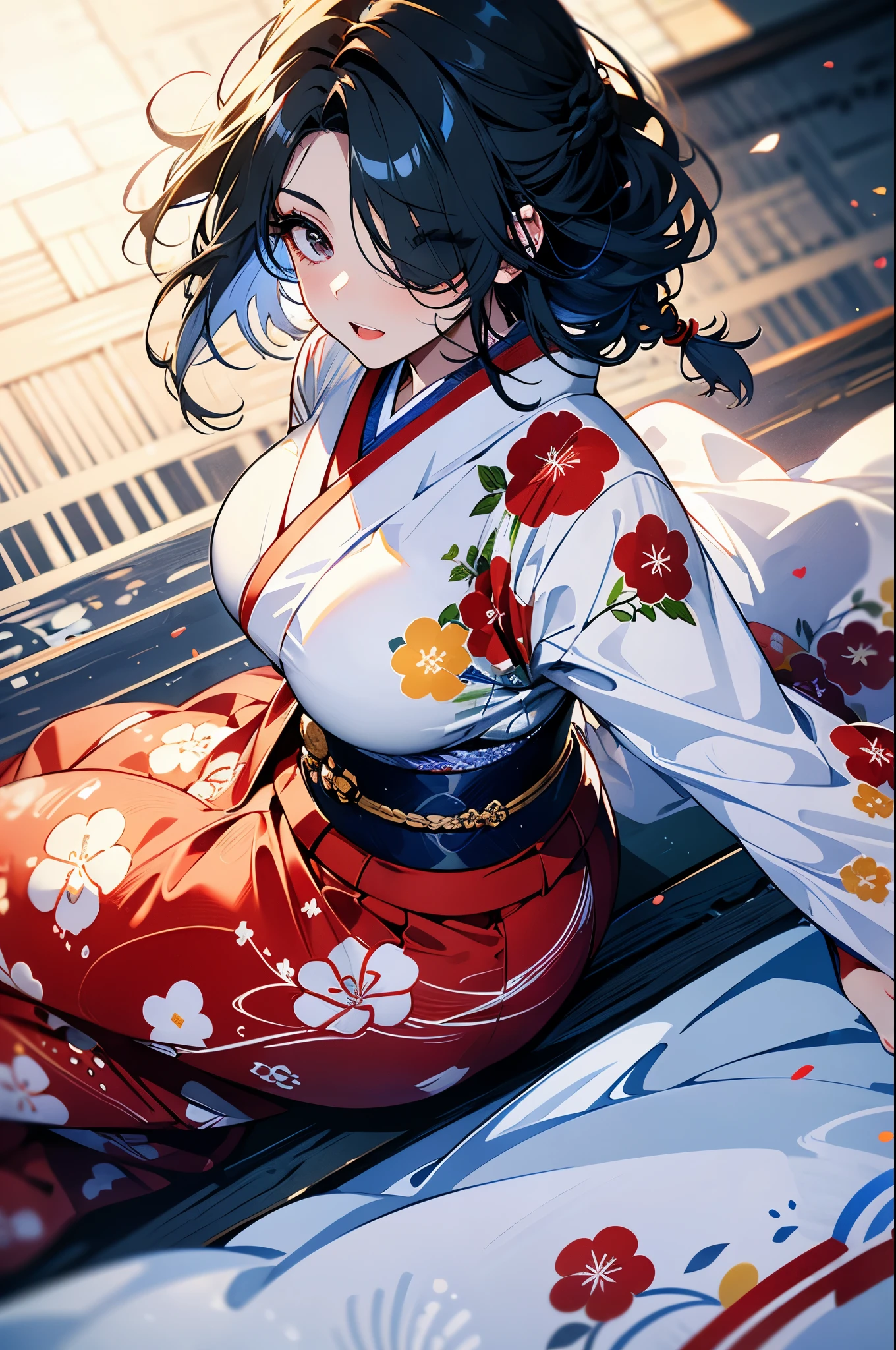 (Masterpiece, best quality), (ultra high resolution, 8K RAW photo, photo realistics, textile shading, thin outline), araffe matured woman in a kimono sitting on a bed with a teddy bear, (wearing white silk robes), white hanfu, (wearing japanese kimono:1.2, traditional japanese, japanese clothes), (classy yukata clothing), wearing a haori, (milf:1.5, 28 years old, solo), (large breast, sagging breast, big tits, narrow waist, big ass, curvy bodies), (medium hair, hair over one eye, asymmetric hair, low tied braid), (dynamic angle, from above), (correct anatomy:1.5, correct hands), (ideal ratio of body proportions),