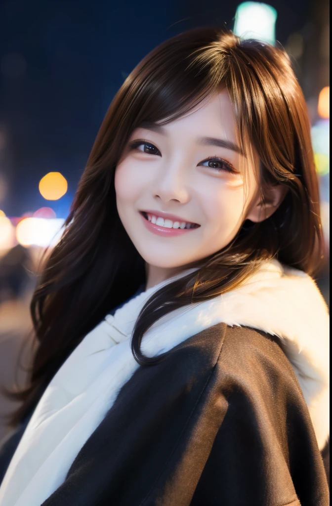 (top-quality、hight resolution、​masterpiece:1.lettie women、slender figures、dark brown hair、Winter clothes、White down coat、(Street in city at night)、Highly detailed facial and skin texture、A detailed eye、二重まぶた、A smile