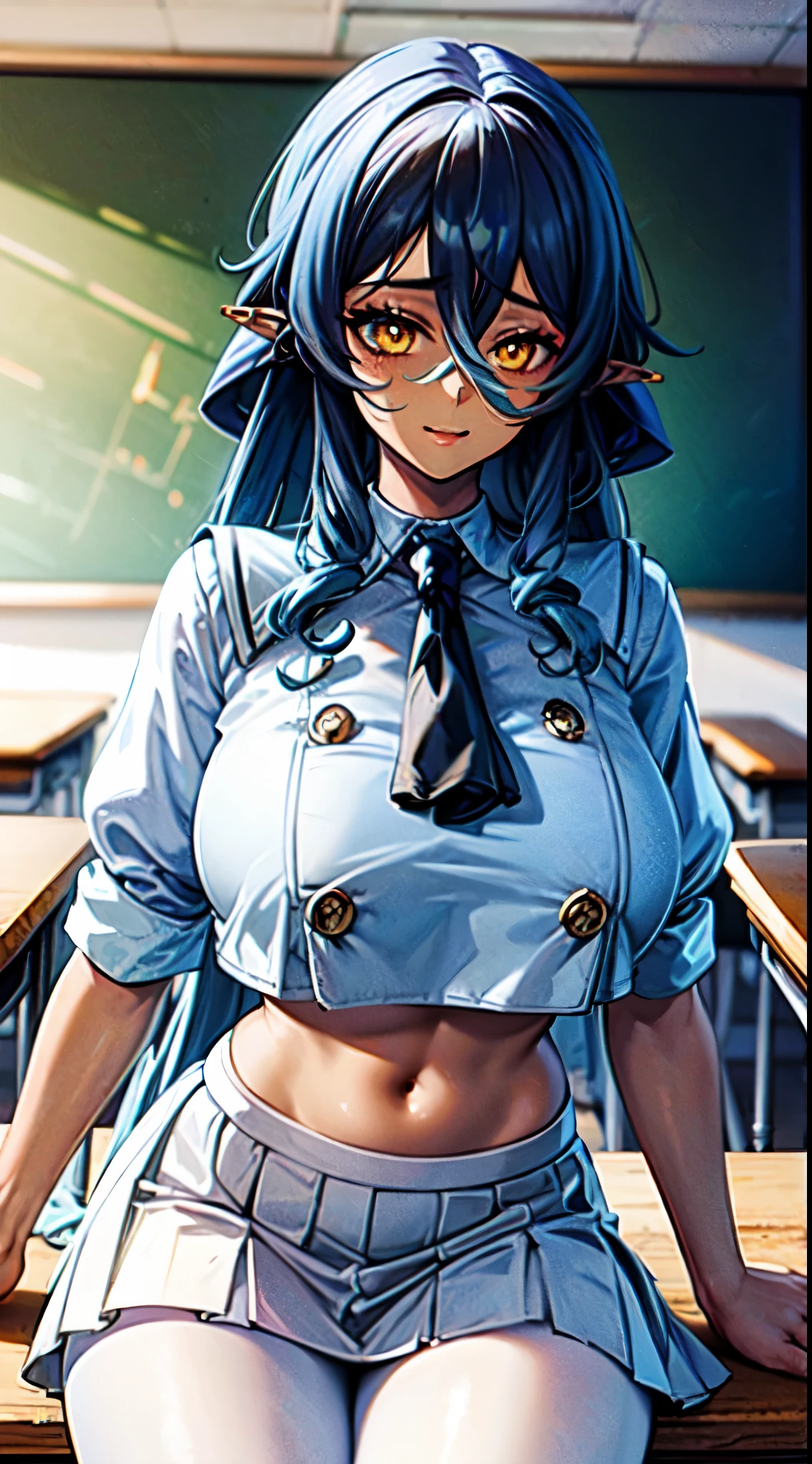 masterpiece, best quality, extremely detailed, 1girl, gyaru, solo, (dark brown skin:2), laylarnd, (huge breasts), ((((blue hair), long hair, yellow eyes, pointy ears))), parted lips, (((white serafuku, double-breasted, crop top, white skirt, white pantyhose))), ((naughty smile), closed mouth), ((sitting on a table, classroom))