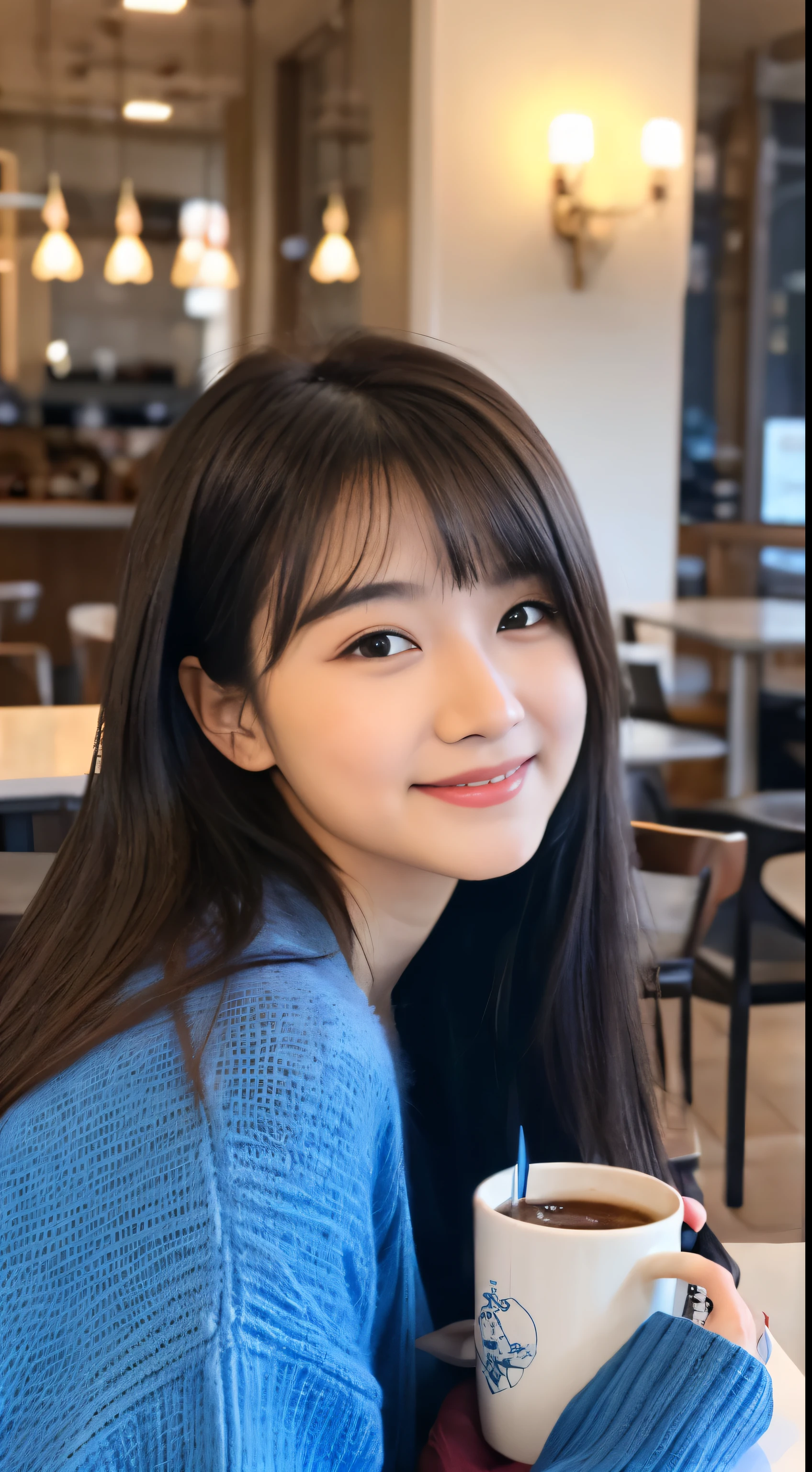 Cute black long straight hair brown eyes round face girl、Wearing a blue sweater, sitting in a cafe and drinking coffee, Sunset, A smile, Holding a poodle puppy in your arms