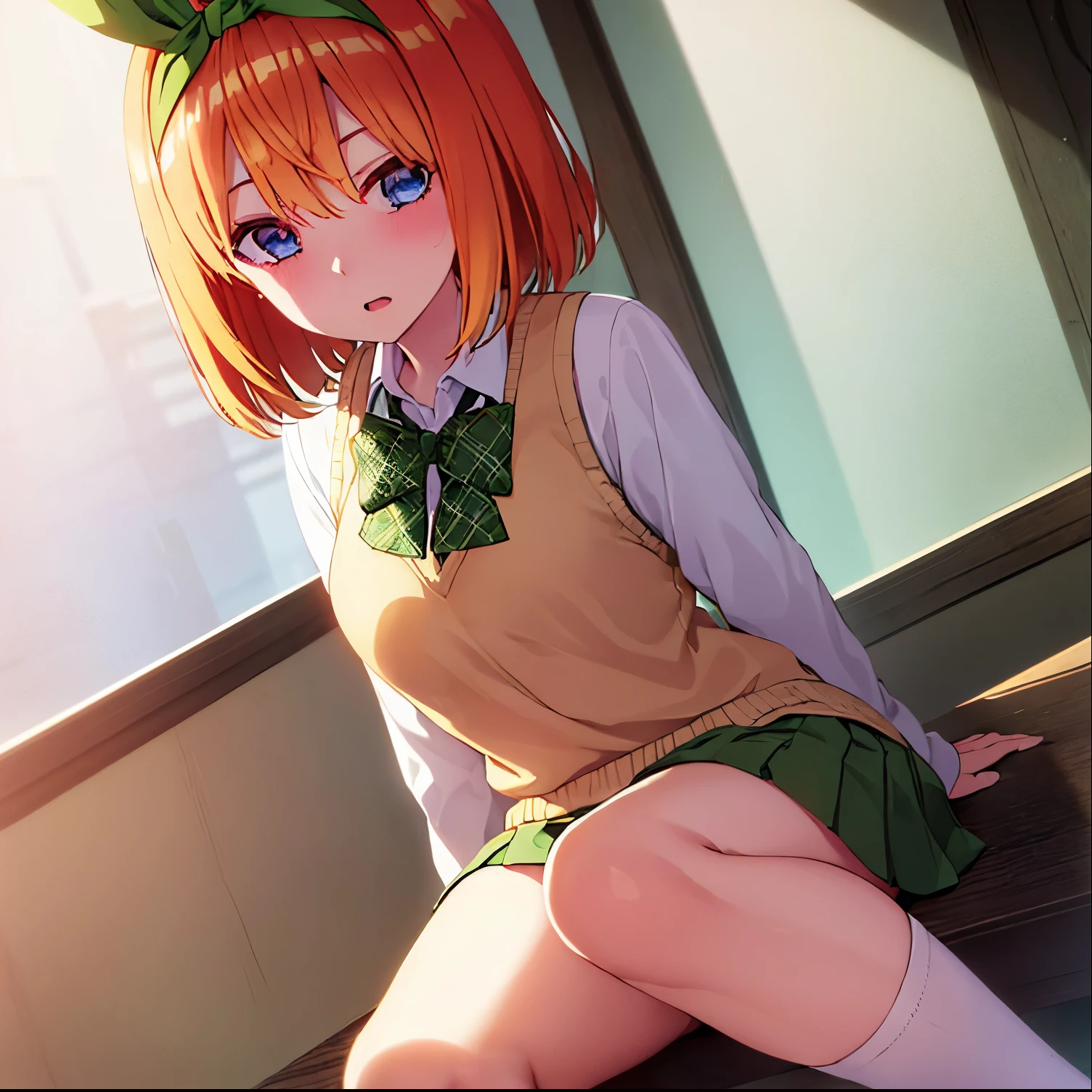 1 girl, alone, yotsuba nakano, bangs, short hair, blue eyes, hair between eyes, hair ribbon, headband, orange hair, green ribbon, open mouth, ashamed, BREAK green skirt, shirt, bow, ribbon, school uniform, white shirt, short sleeve, green pleated skirt, shoes, socks, collared shirt, miniskirt, bow tie, black shoes, white knee-high stockings, black socks, loafers, bow green, light yellow sweater vest, green ribbon, REST looking at the viewer, REST inside, in the classroom, BREAK (masterpiece:1.2), best quality, high resolution, unity 8k wallpaper, (artwork:0.8), (beautiful detailed eyes:1.6), extremely detailed face, perfect lighting , extremely detailed CG, (perfect hands, perfect anatomy),