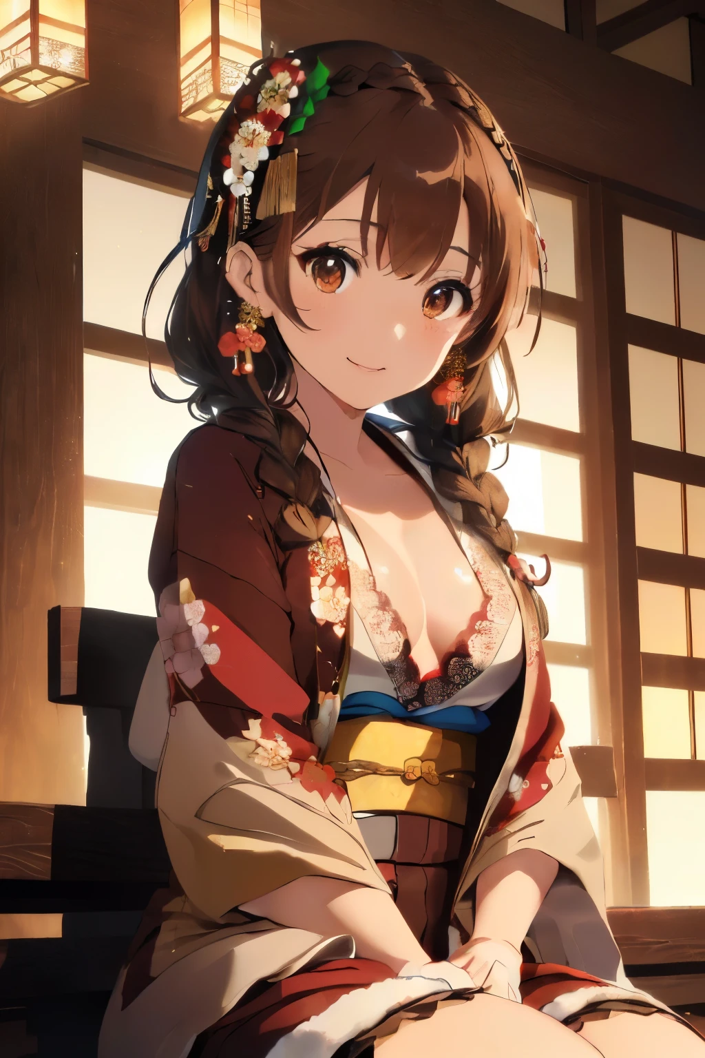 (Brown hair:1.2),(Braided shorthair:1.2),(Brown eyes:1.2),(With bangs:1.2),(Japanese clothes with open chest:1.35),(place々Kimono with lace:1.4),(Lots of accessories using flowers and jewels:1.35),(gloves:1.4),(Greeting while sitting straight:1.5),(Festive mood:1.4),(close up of face:1.2),kindly smile,Slight red tide,(front view:1.3),(There's a sparkle in your eyes:1.3),