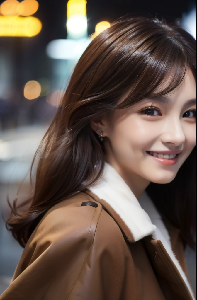 (top-quality、hight resolution、masterpiece:1.lettie women、slender figures、dark brown hair、Winter clothes、White down coat、(Street in city at night)、Highly detailed facial and skin texture、A detailed eye、二重まぶた、A smile