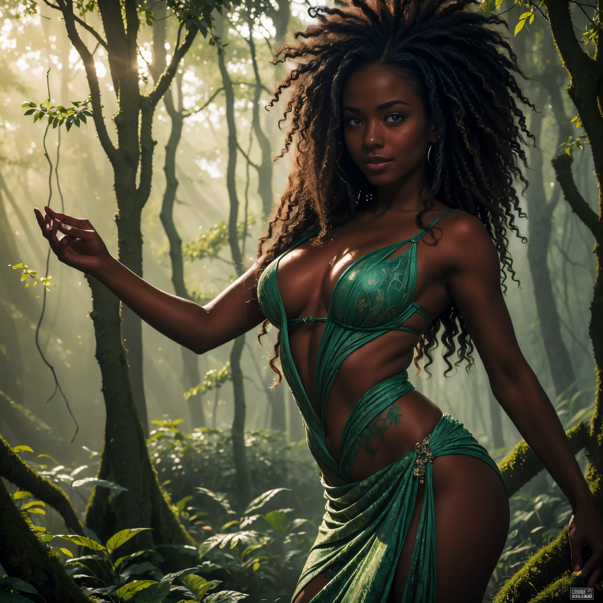 (Highest quality: 1.4), incomparable masterpiece, ultra high definition, Carne Griffiths’ art, CG ultra-realistic in 8k, a beautiful black woman, smiling, beautiful and detailed smile, stunning green eyes, adorned with a beautiful highly detailed green dress, curly hair, clean and beautiful face, perfect body, black skin: 1.2, full-body portrait, background of a mystical and magical forest with stunning leaves, beautiful shadow, sunlight creates a beautiful gradient shadow, (soft and subtle colors: 1.3), low saturation, (hyper detail: 1.2), perfect anatomy, realistic facial expressions, fluid movement, realistic textures, realistic lighting and shadow effects, magical particle effects, vibrant and harmonious colors, balanced composition, correct perspective, impressive level of detail in all areas of the image, meticulous attention to small details, sense of magic and mystery in the air, complete immersion in the scene, exceptional technical skill, impeccable and incredibly beautiful art.