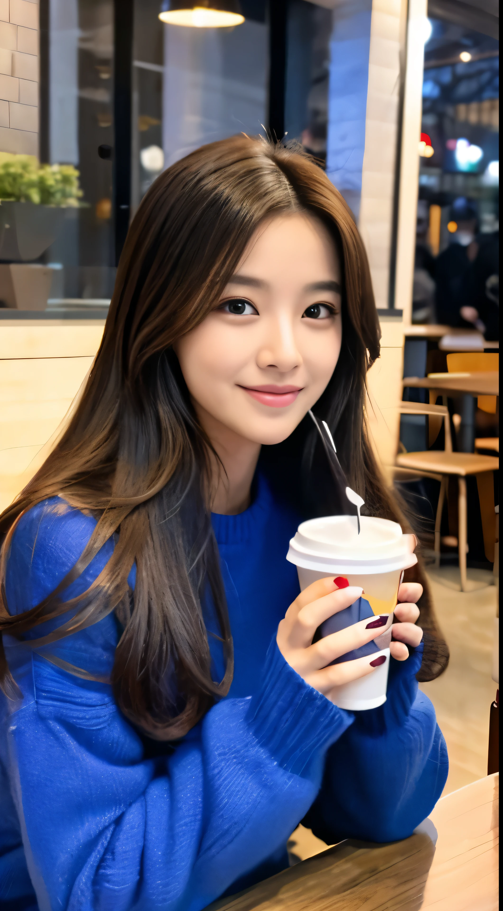 Cute black long straight hair brown eyes round face girl、Wearing a blue sweater, sitting in a cafe and drinking coffee, Sunset, A smile, Holding a poodle puppy in your arms