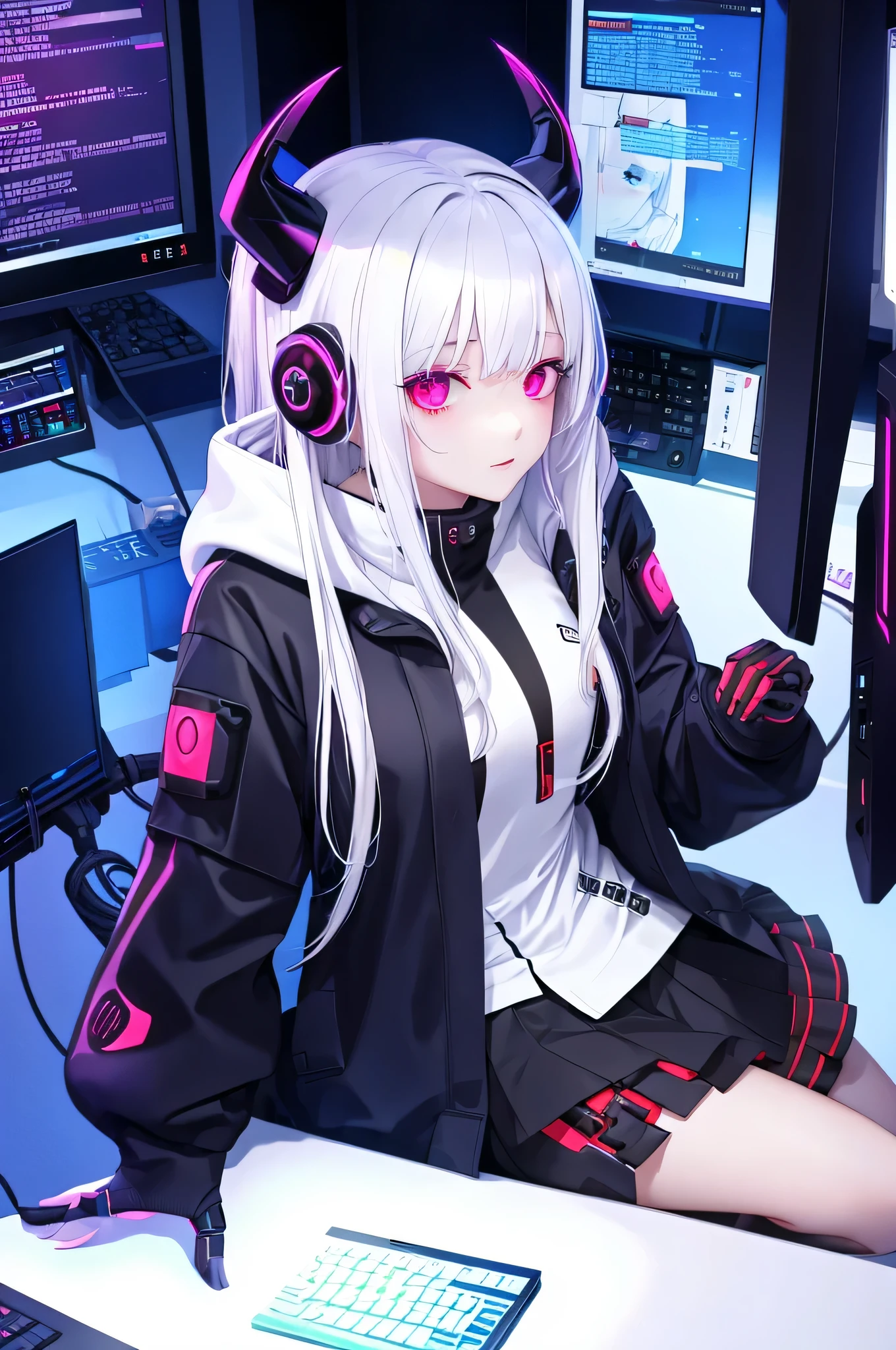 in front of a computer, cyber school girl,1 girl, white hair, oversized black hoodie, cyber daemon, loli, cyberpunk, ((cyber horns)), red eyes,