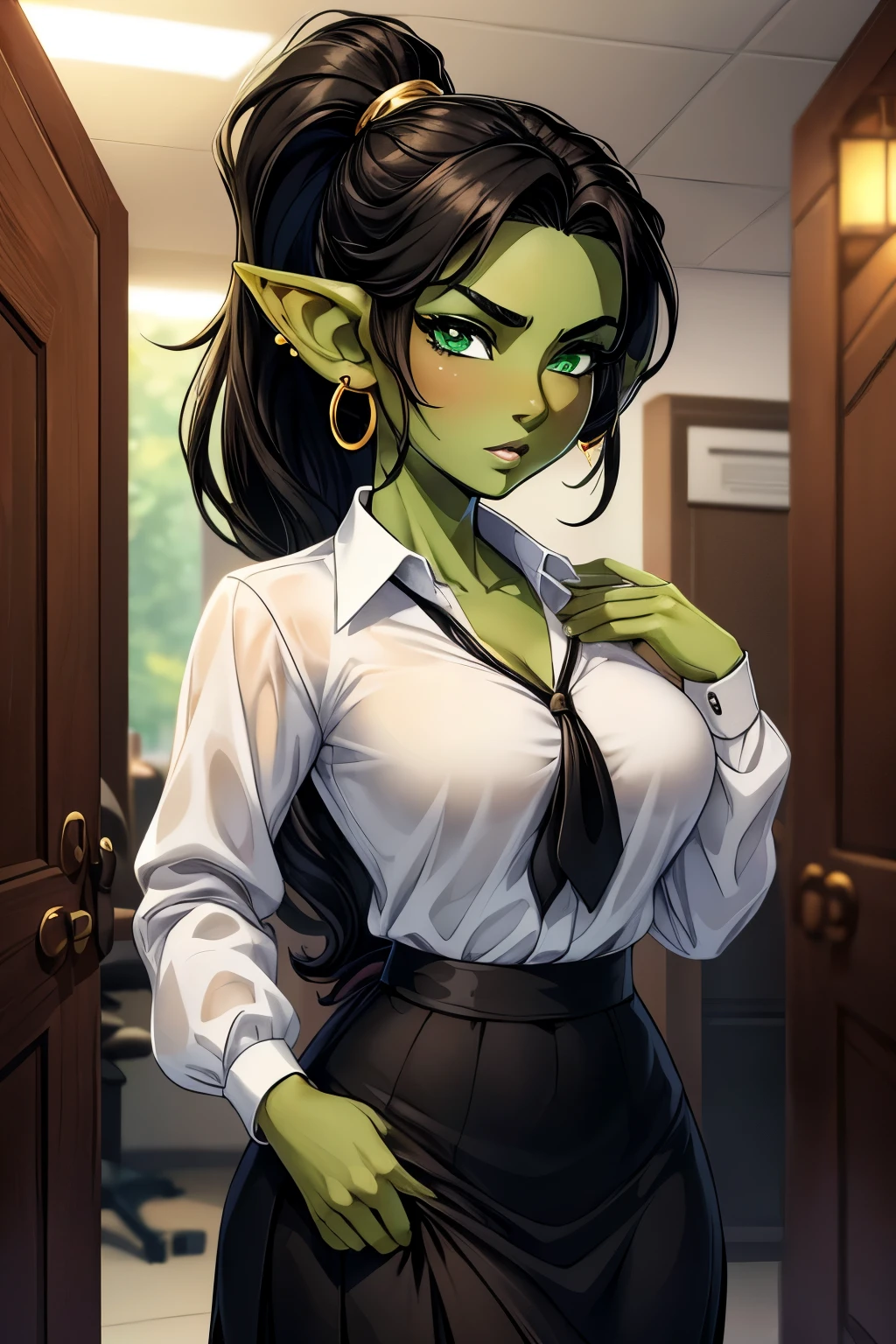 ((ultra quality)), ((tmasterpiece)), Goblin Girl, Short stature, ((black long hair tied in a ponytail)), (beatiful face), (beautiful female lips), (gold earrings in ears), Charming, ((sexy facial expression)), is looking at the camera, eyes slightly open, (Skin color: green), (green skin), Body glare, ((detailed beautiful female eyes)), ((green eyes eyes)), (juicy female lips), (dark eyeliner, brown lipstick), (beautiful female hands), ((perfect female figure)), perfect female body, Beautiful waist, Gorgeous hips, Beautiful medium breasts, ((Subtle and beautiful)), соблазнительно сидит за officeным столом (), (wearing a black business skirt, white shirt) background: office, ((Depth of field)), ((high quality clear image)), (crisp details), ((higly detailed)), Realistic, Professional Photo Session, ((Clear Focus)), the anime