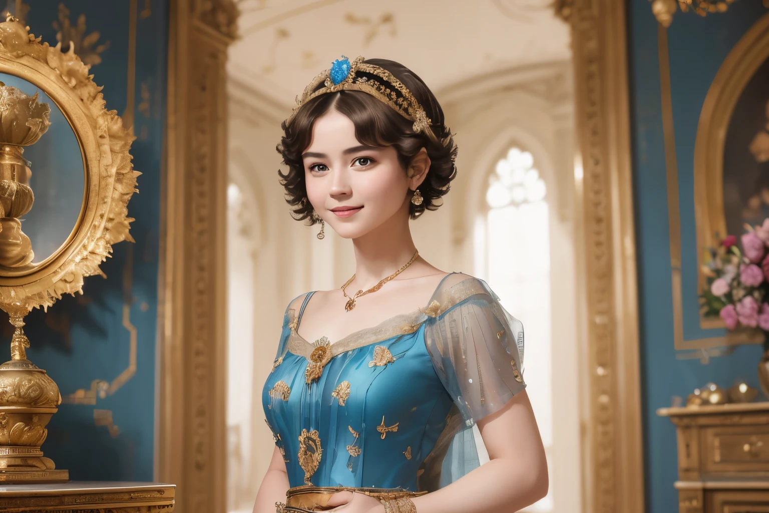 142
(a 20 yo woman,in the palace), (A hyper-realistic), (high-level image quality), ((beautiful hairstyle 46)), ((short-hair:1.46)), (kindly smile), (breasted:1.1), (lipsticks), (wearing a blue dress), (murky,wide,Luxurious room), (florals), (an oil painting、Rembrandt)