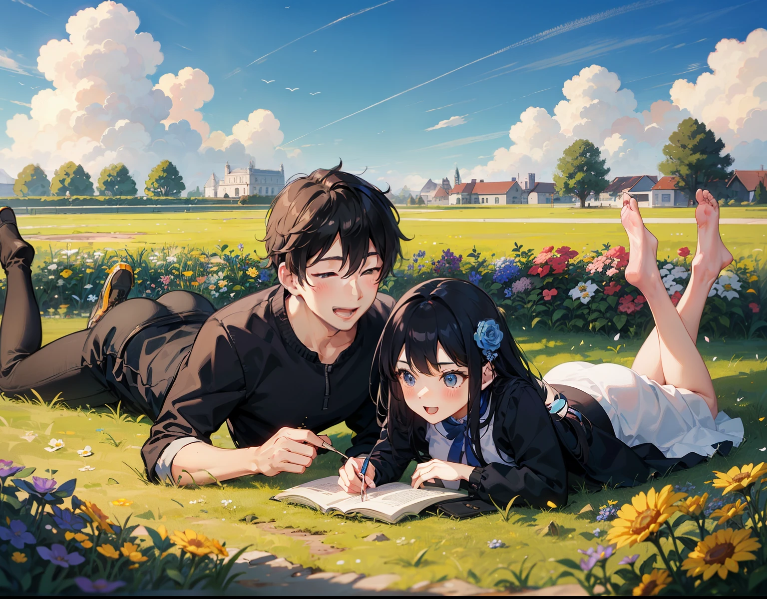 husband and wife, 1 girl, 1boys, lying on the grass ground, 微laughingly, laughingly, Romantic atmosphere, behind the flower, flower field, blue-sky, The landscape