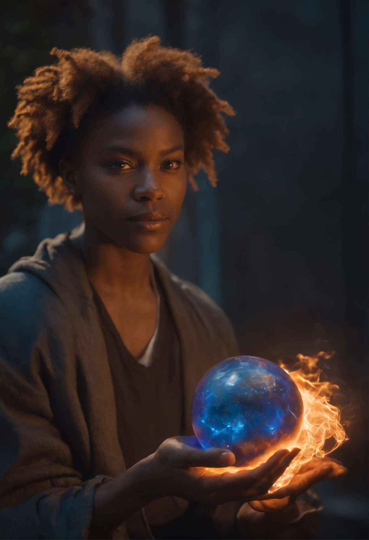 (best quality,4k,8k,highres,masterpiece:1.2),ultra-detailed,realistic,man with hair in an Afro bun aged 19 holding a ball of fire in his hand, surrounded by electricity, vibrant colors, intense lighting, surreal atmosphere, high-contrast, dramatic shadows, dynamic composition, fantasy theme, magical elements