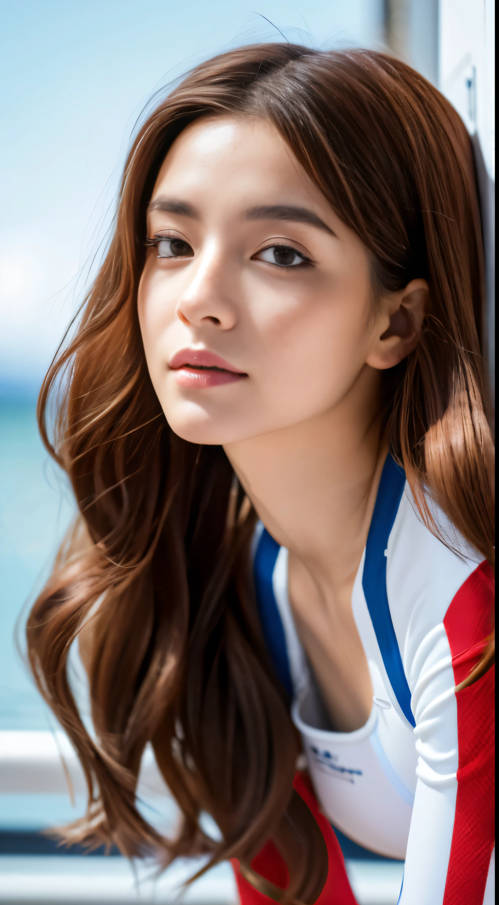 Best Quality, A Detailed face, 4K, Raw photo, masutepiece, Detailed face,, Stars, Planets, Galaxy, spaces,, a photo flying in spaces, Chestnut hair, Long hair, Looking at Viewer, Red line on white swimsuit spacesuit,Full body high definition
