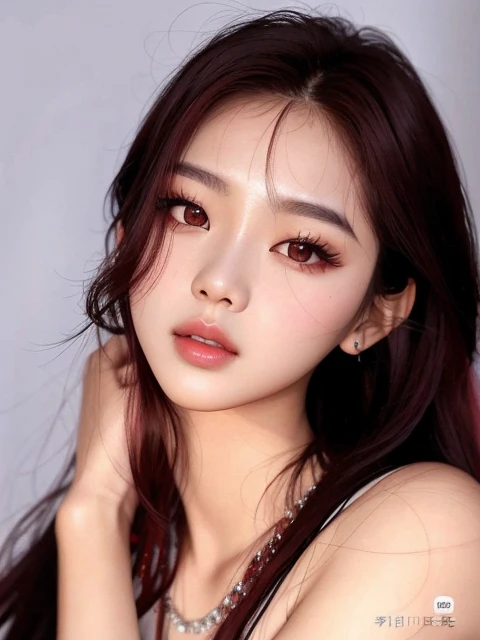 Un primer plano de una mujer con el pelo largo y rojo posando para una foto, portrait of Jossi de Blackpink, Jinyoung Shin, Retrato Jisoo Blackpink, Jossi de Blackpink, Taejune Kim, Artista coreano, Heonhwa Choe, Jisoo de Blackpink, Jisoo de Blackpink, lentes de contacto rojas, piel suave y roja, ulzzang, Hermosa mujer surcoreana