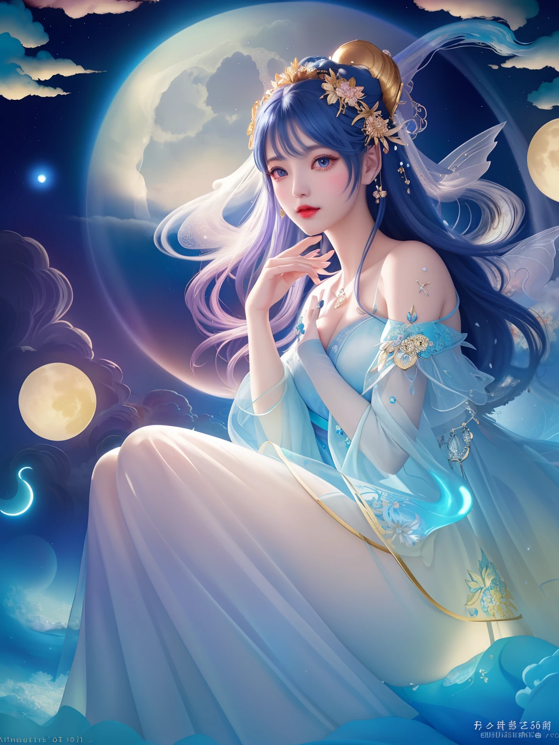Island near, sky so clear, Moon for love, Fairy tear, dressed in white, pearl of the night, clouds swirl, swirling cloud above painting of a woman a Moon Fairy sitting on a cloud with a full moon in the background, cloud goddess, beautiful fantasy art, beautiful fantasy maiden, beautiful fantasy art portrait, very beautiful fantasy art, beautiful fantasy portrait, a beautiful fantasy empress, beautiful goddess, ((a beautiful fantasy empresy Yang J, fantasy art style, anime goddess, ! dream artgermMoon fairy, isometric shot inside a glass jar looking out, gossamer, blue chrysanthemum, nighttime, stardust. Fairytale, rococopunk, delicate studio artist model. Best quality, oil painting on canvas. Coby Whitmore, Ray Caesar, Lichtenstein, Fragonard, Van Gogh. Surrealism. Exquisitely detailed luminous portrait moon. Moon, clouds, waves, ocean, glow, bioluminescence. 18th century masterpiece, Vogue fashion illustration, delicate embroidery. Perfect red lips, Perfect face, delicate face, perfect eyes, detailed pupils. By Maya