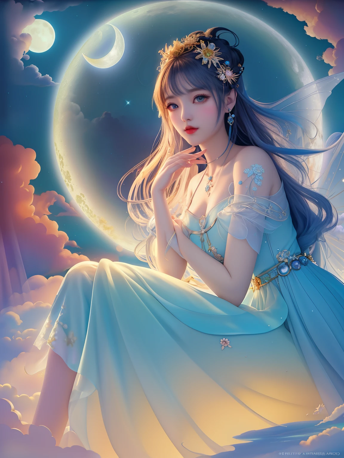 Island near, sky so clear, Moon for love, Fairy tear, dressed in white, pearl of the night, clouds swirl, swirling cloud above painting of a woman a Moon Fairy sitting on a cloud with a full moon in the background, cloud goddess, beautiful fantasy art, beautiful fantasy maiden, beautiful fantasy art portrait, very beautiful fantasy art, beautiful fantasy portrait, a beautiful fantasy empress, beautiful goddess, ((a beautiful fantasy empresy Yang J, fantasy art style, anime goddess, ! dream artgermMoon fairy, isometric shot inside a glass jar looking out, gossamer, blue chrysanthemum, nighttime, stardust. Fairytale, rococopunk, delicate studio artist model. Best quality, oil painting on canvas. Coby Whitmore, Ray Caesar, Lichtenstein, Fragonard, Van Gogh. Surrealism. Exquisitely detailed luminous portrait moon. Moon, clouds, waves, ocean, glow, bioluminescence. 18th century masterpiece, Vogue fashion illustration, delicate embroidery. Perfect red lips, Perfect face, delicate face, perfect eyes, detailed pupils. By Maya