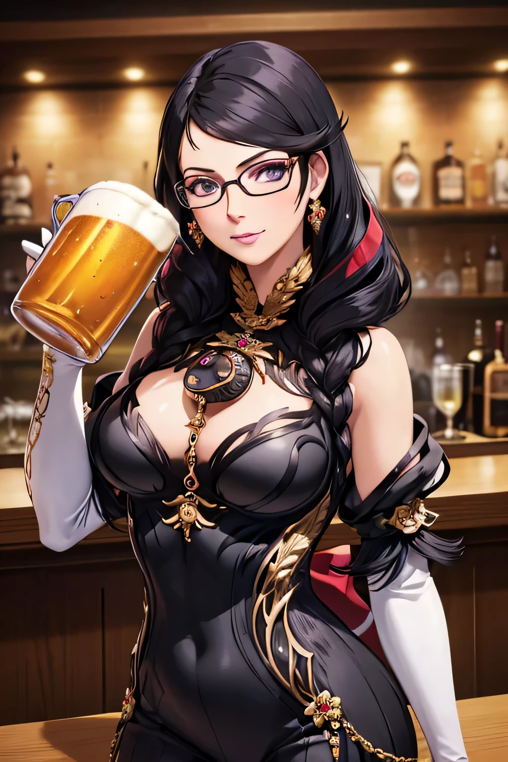 (master part, best quality:1.2), detalhes intrincados, bayoneta1, 1girl, Bodysuit, recorte de clivagem, luvas de cotovelo, maquiagem, jewelries, batom, fita de cabelo, glasses, (Mature female:1.2),happy expression , caneca de cerveja bebendo, fundo da barra