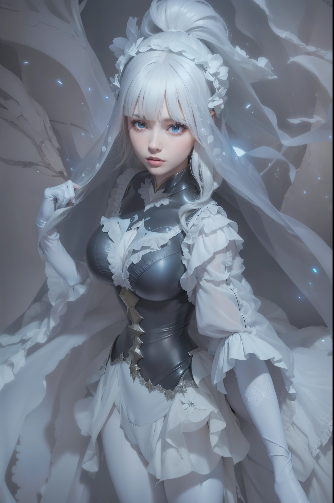 Bust to waist ((perfect face)) perfect skin, hyperrealistic masterpiece, Superheroine european girl ((fringe glowing colorful)) in extremely complex & superdetailed tight plugsuit ((with white cape)), cinematic illumination: 8k