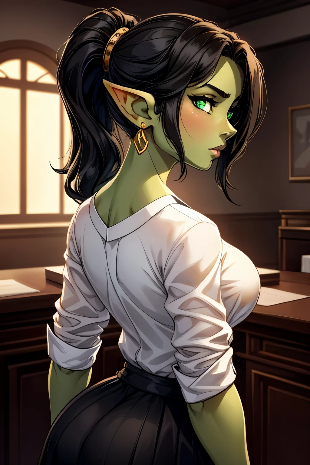 ((ultra quality)), ((tmasterpiece)), Goblin Girl, Short stature, ((black long hair tied in a ponytail)), (beatiful face), (beautiful female lips), (gold earrings in ears), Charming, ((sexy facial expression)), is looking at the camera, eyes slightly open, (Skin color: green), (green skin), Body glare, ((detailed beautiful female eyes)), ((green eyes eyes)), (juicy female lips), (dark eyeliner, brown lipstick), (beautiful female hands), ((perfect female figure)), perfect female body, Beautiful waist, Gorgeous hips, Beautiful medium breasts, ((Subtle and beautiful)), seductively worth it (Rear view), (wearing a black business skirt, white  shirt) background: office, ((Depth of field)), ((high quality clear image)), (crisp details), ((higly detailed)), Realistic, Professional Photo Session, ((Clear Focus)), the anime