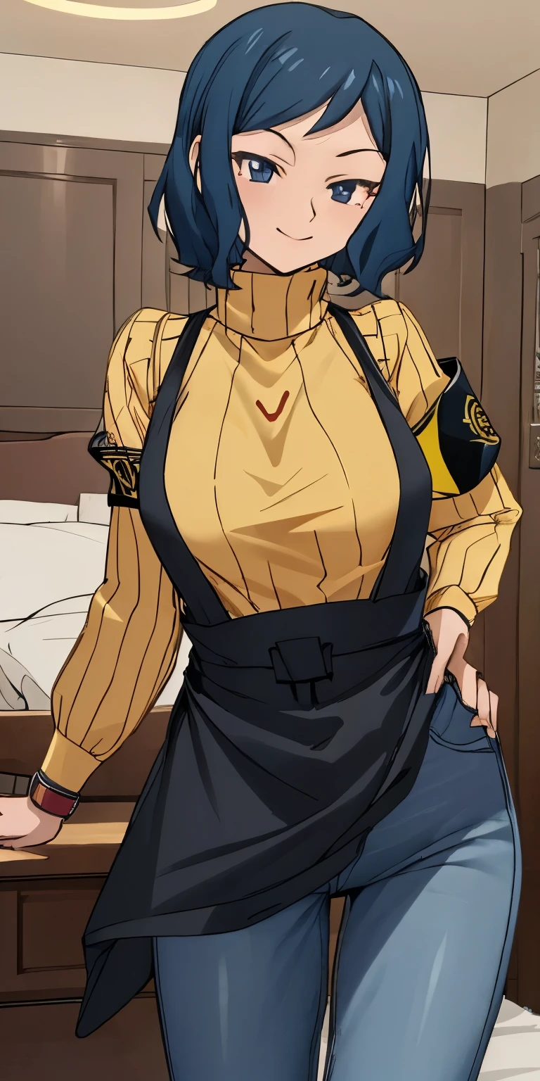 best quality, 
highly detailed, 
masterpiece, 
ultra-detailed, 
(bedroom:1.2), 
rinko-iori, 
yellow sweater, 
wide hips, 
(black apron:1.1), 
cowboy shot, 
blue eyes, closed mouth (wicked smile),
armband, 
standing, 
jeans, Sexy Waist Teasing Waruochi