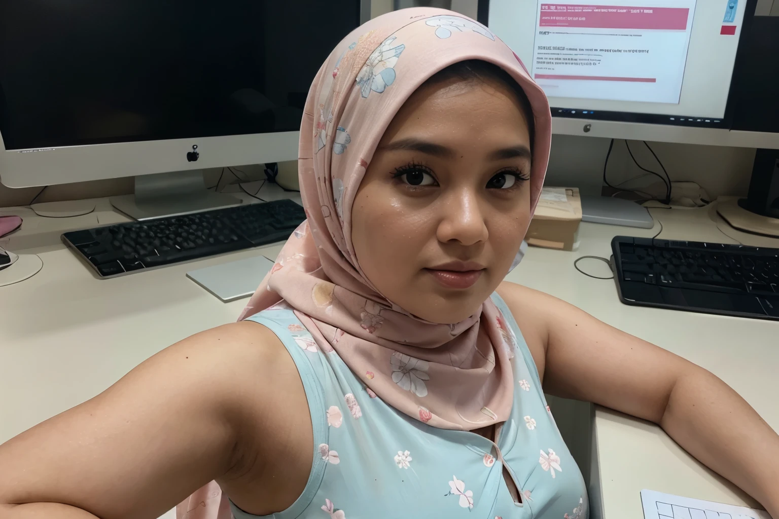 beautiful malay chubby mature woman in pink color hijab taking picture in modern office, ((showing armpits pose)), all wearing hijab, wear pastel blue and white floral pattern sleeveless baju kurung, at the desk with computer office, detailed skin texture, soft lighting, pastel color theme, 8mm, Close-up shot, cool-toned color grading, depth of field, film noir, high quality, ultra detail, 8k resolution,