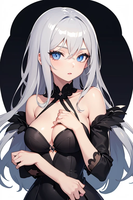 1girl, anime, cute girl, blank background, white background, fantasy, detailed dark fantasy dress with highlights, beautiful face, beautiful eyes, dark colors, silver hair, slightly small breasts, slight cleavage, beautiful skin, cute, breast curtains, extremely delicate and beautiful, (beautiful detailed face:1.0), (detailed deep eyes), symmetrical breasts, deep eyes, shiny skin, portrait, slender waist, hips wider than shoulders, thighs, young girl, expressionless
