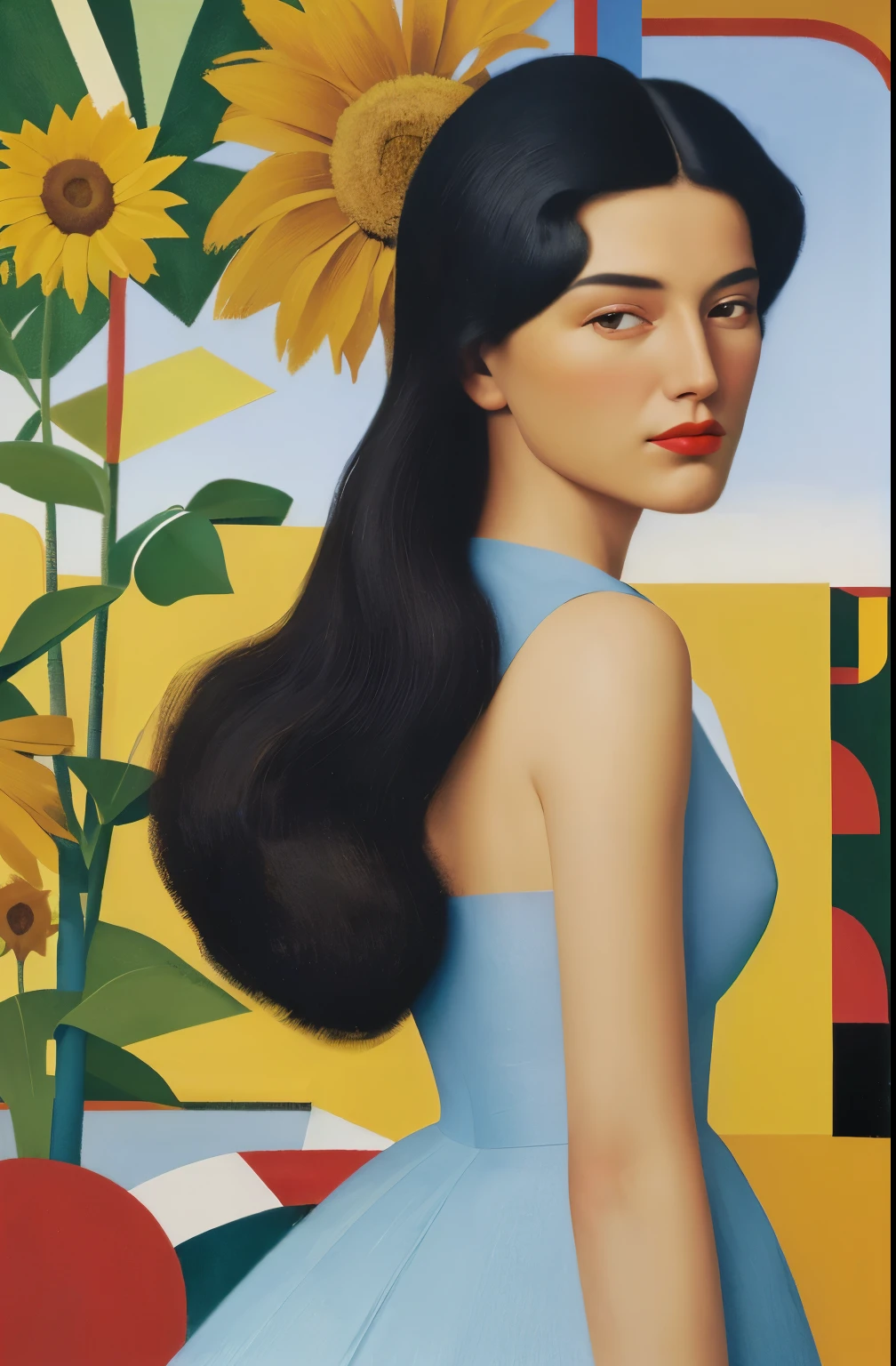 there is a woman standing in a field of sunflowers, kenton nelson, beautiful retro art, michael cheval (unreal engine, inspired by Stevan Dohanos, peter driben, anna dittmann alberto vargas, by Mario Bardi, inspired by Art Frahm, laurent durieux, by Juan O'Gorman, andrey remnev