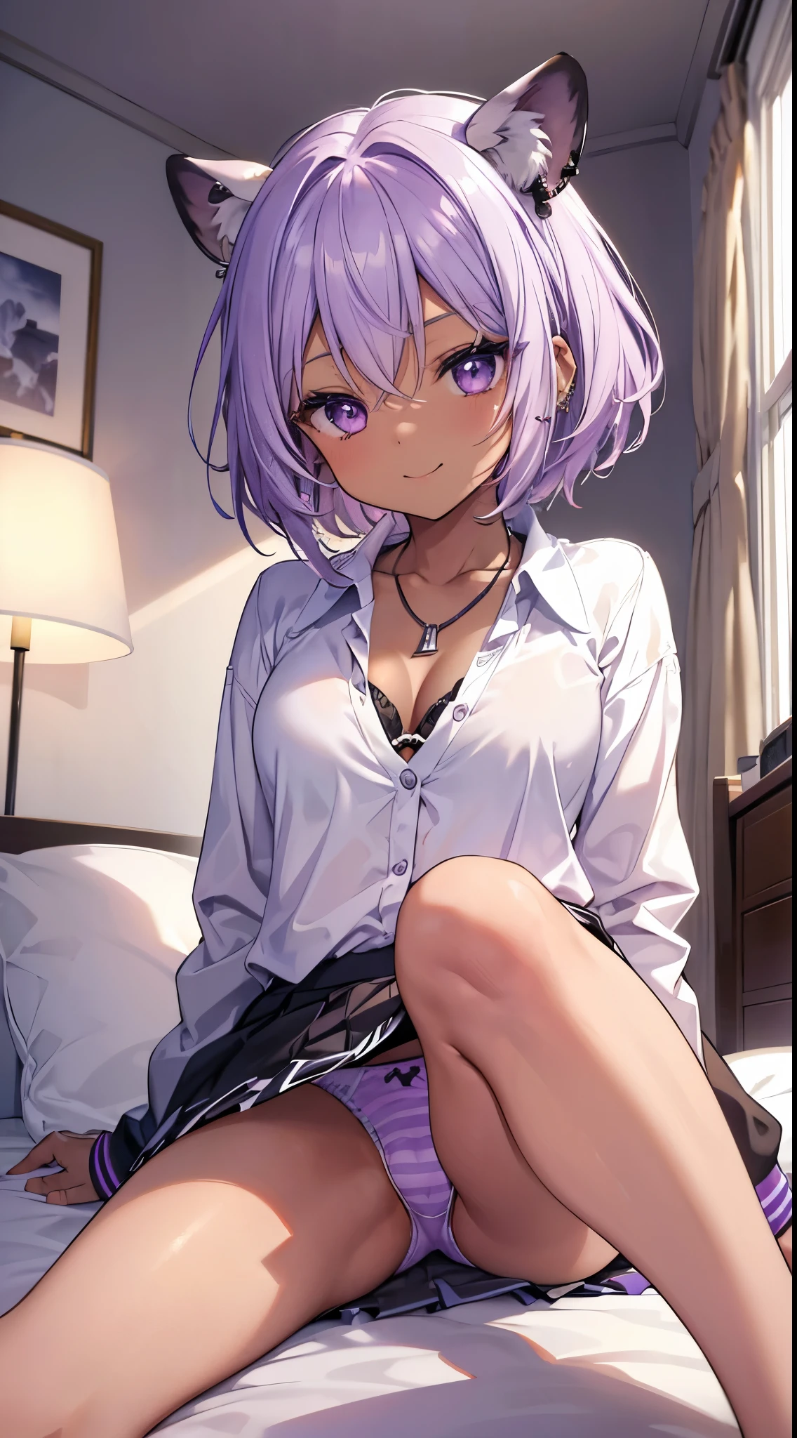 (8K、Top image quality、top-quality、​masterpiece)、A detailed face、1 girl in、Light purple hair、short-hair、Purple eyes、piercings、((Brown skin))、((skin tanned))、evil smile、white  shirt、a necklace、((Removed button))、cleavage、Black miniskirt、sit on a bed、((open legs))、((light purple zebra pattern panties))、Taken from below、bedroom background